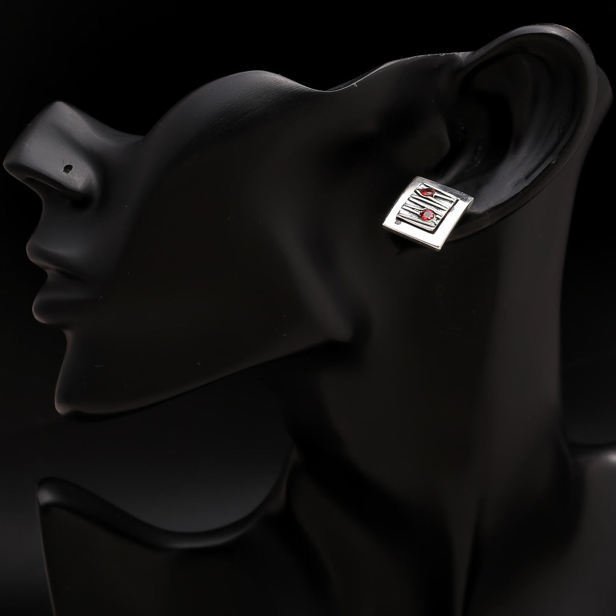 925 Silver Square Garnet Stud Earrings