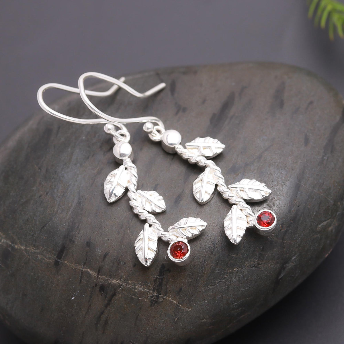 925 Silver Leaf Garnet Dangle Earrings
