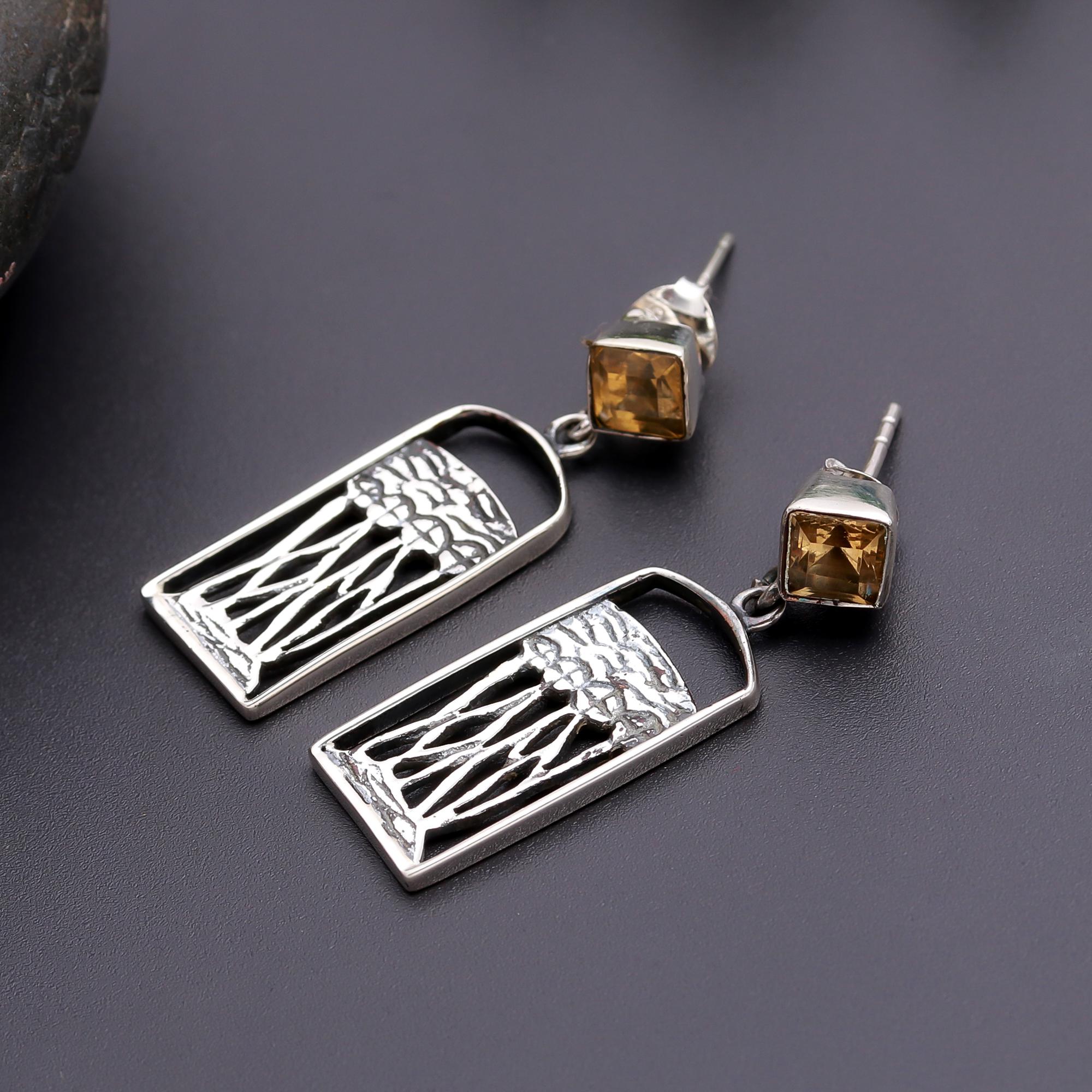 The Golden Root: Citrine & Silver Textured Art Earrings