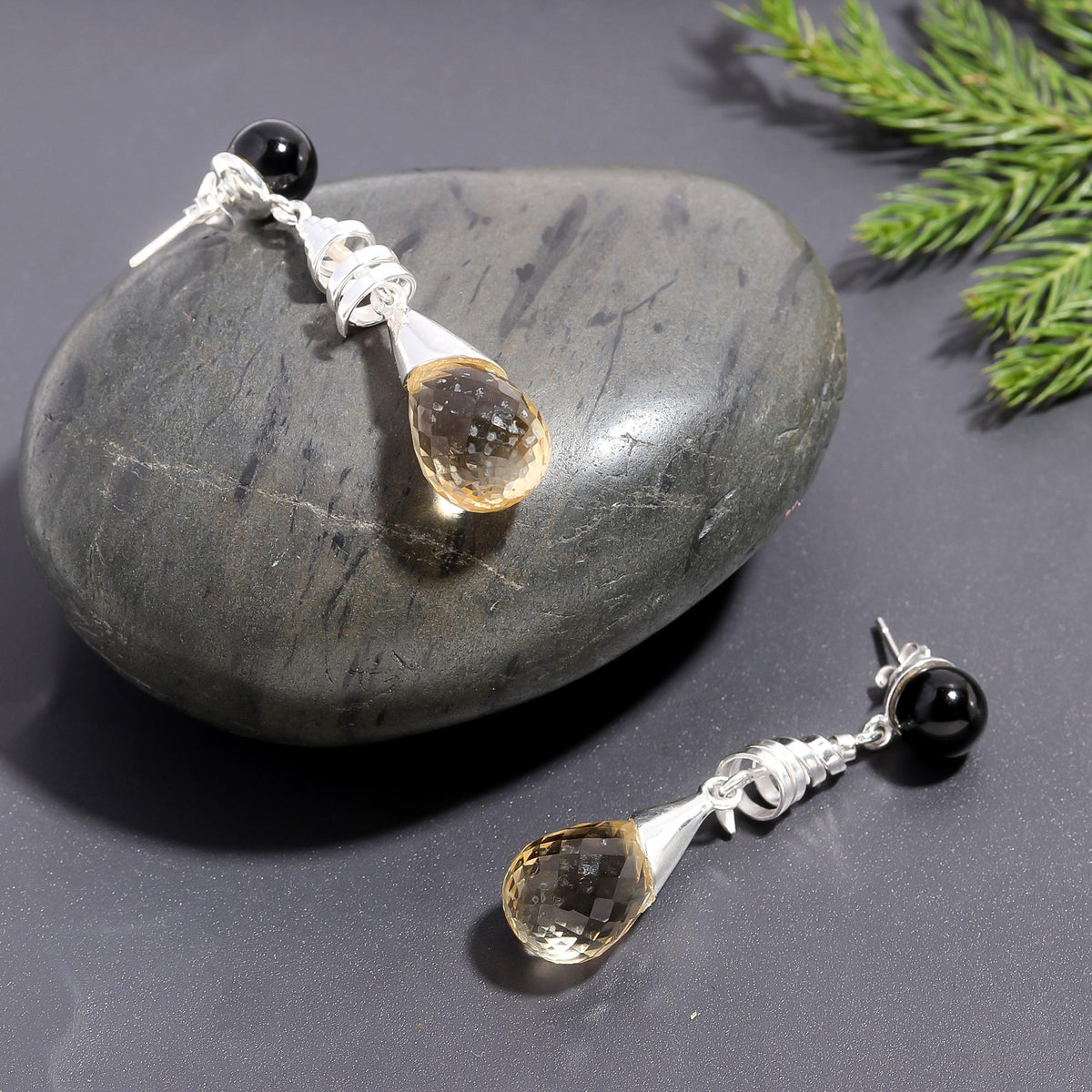 925 Silver Black Onyx and Citrine Drop Earrings