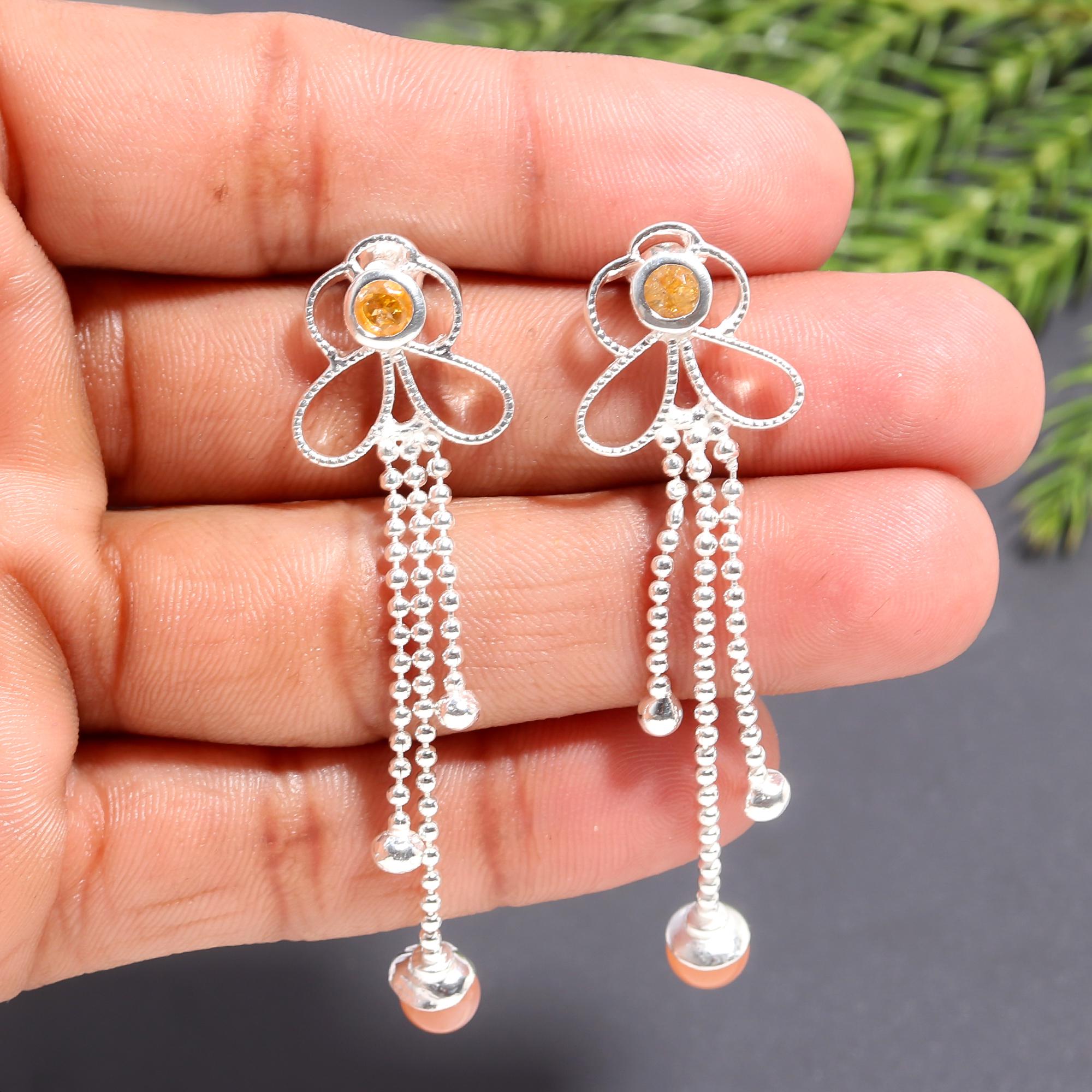 925 Silver Citrine and Beaded Tassel Drop Earrings