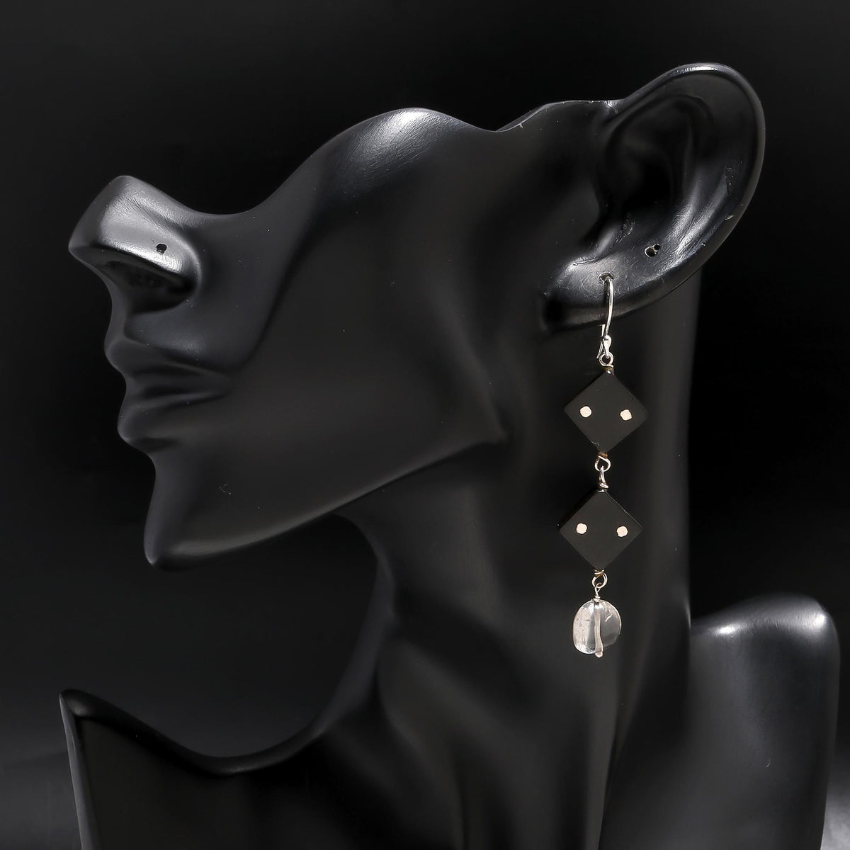925 Silver Black Wood and Crystal Long Dangle Earrings