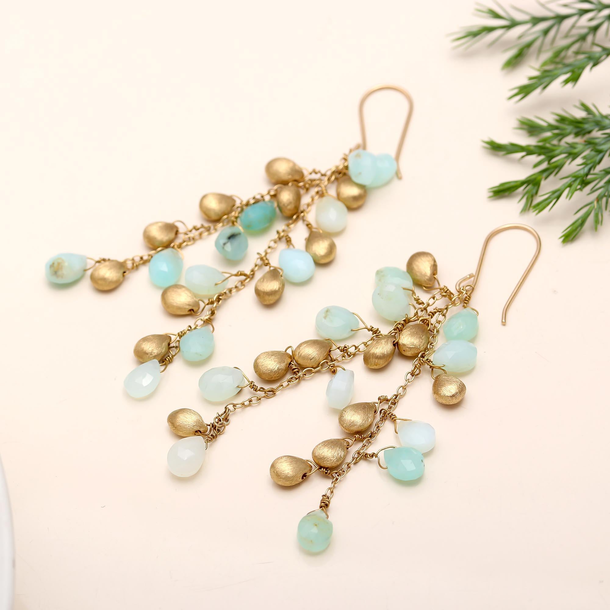 Designer Brass Grapevine Peruvian Opal Drop Earrings