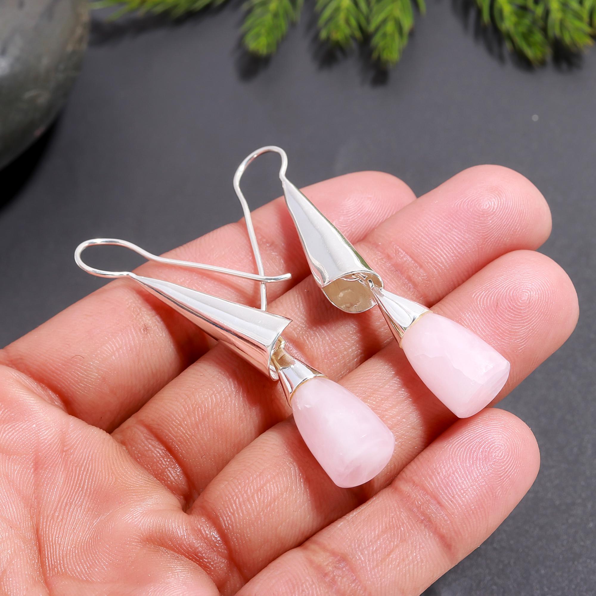 925 Silver Rose Quartz Dangle Earrings