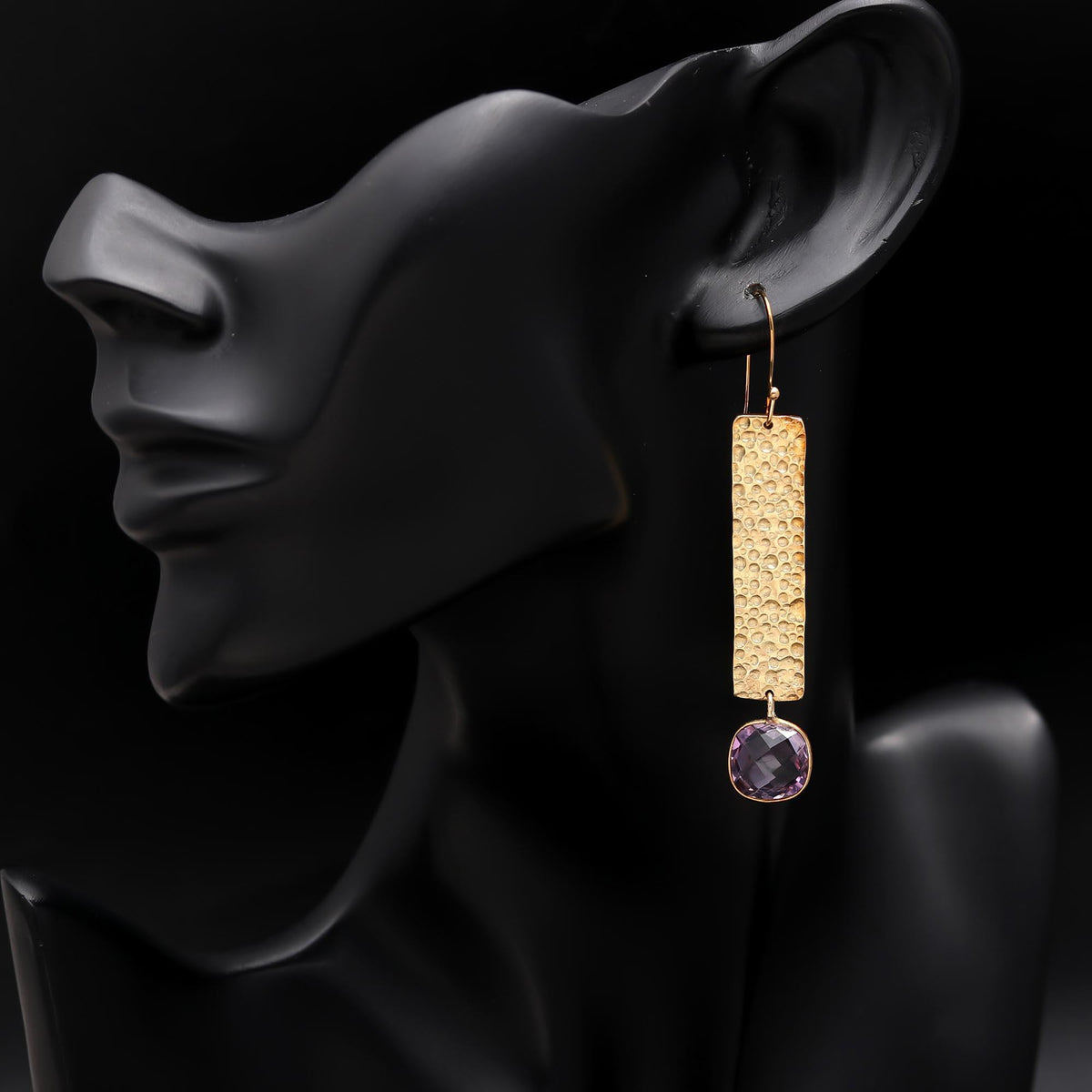 The Golden Ripple: Hammered Bar Amethyst Earrings