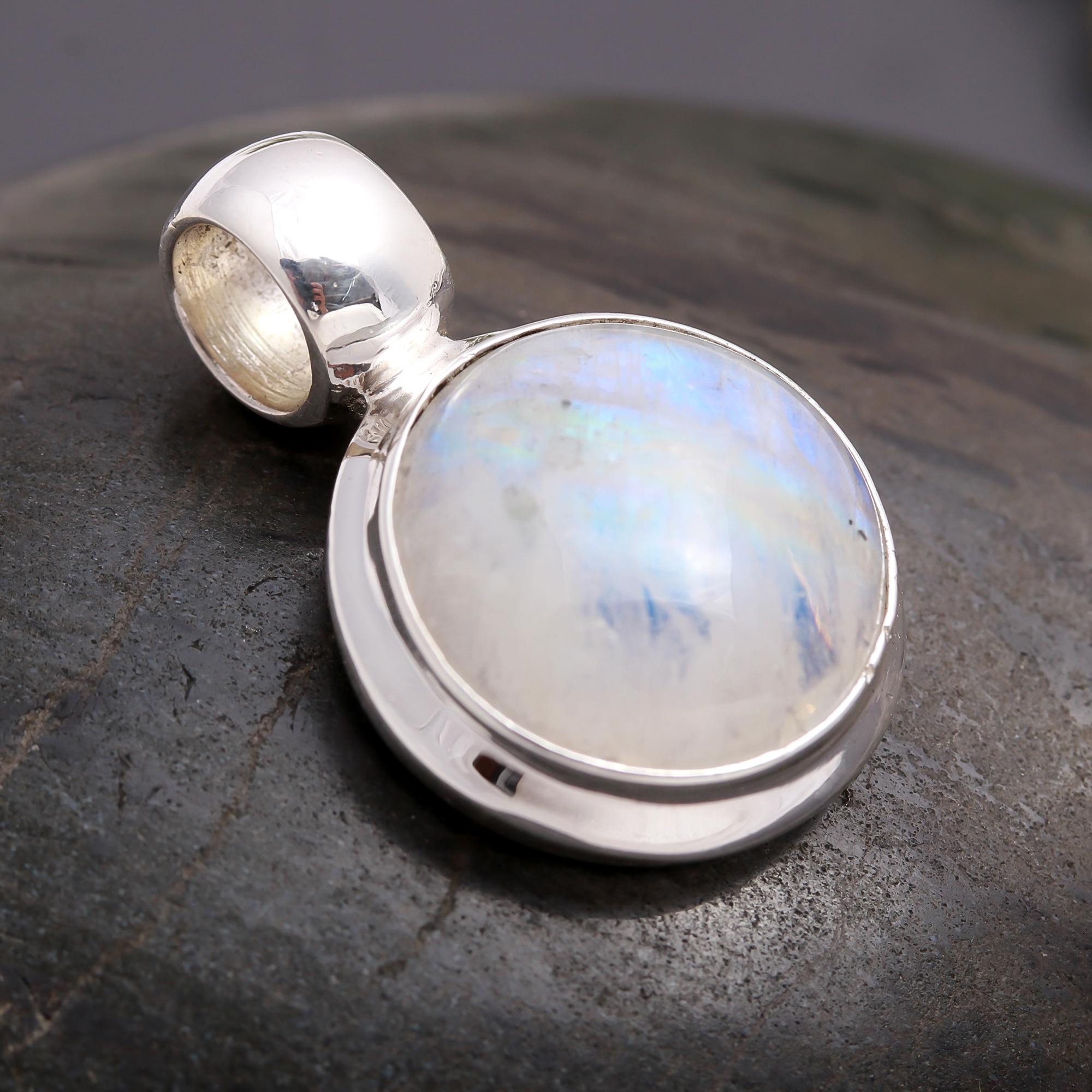 The Lunar Orb: Rainbow Moonstone Silver Solitaire Pendant