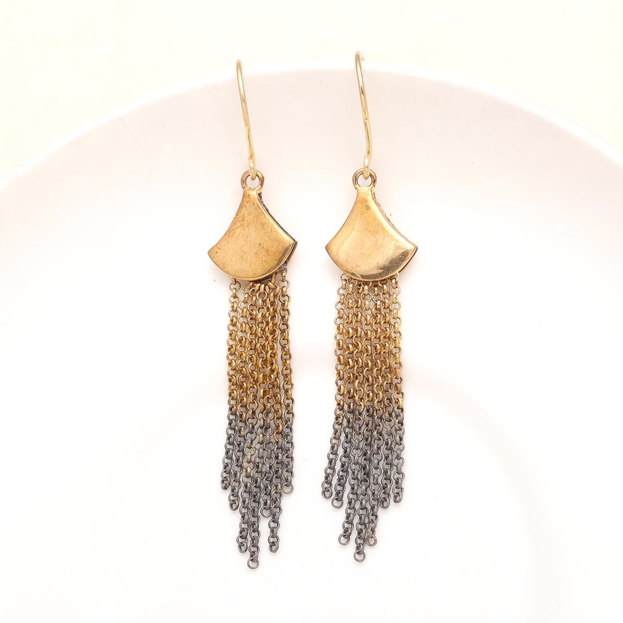 The Midnight Cascade: Gold Fan & Ombre Chain Earrings