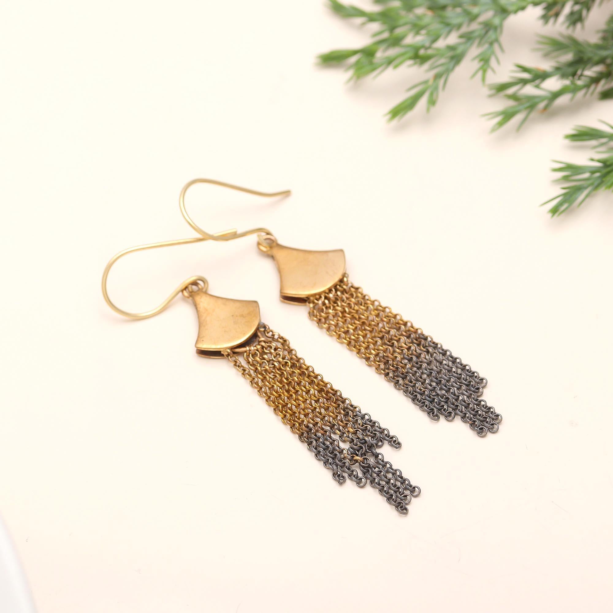 The Midnight Cascade: Gold Fan & Ombre Chain Earrings