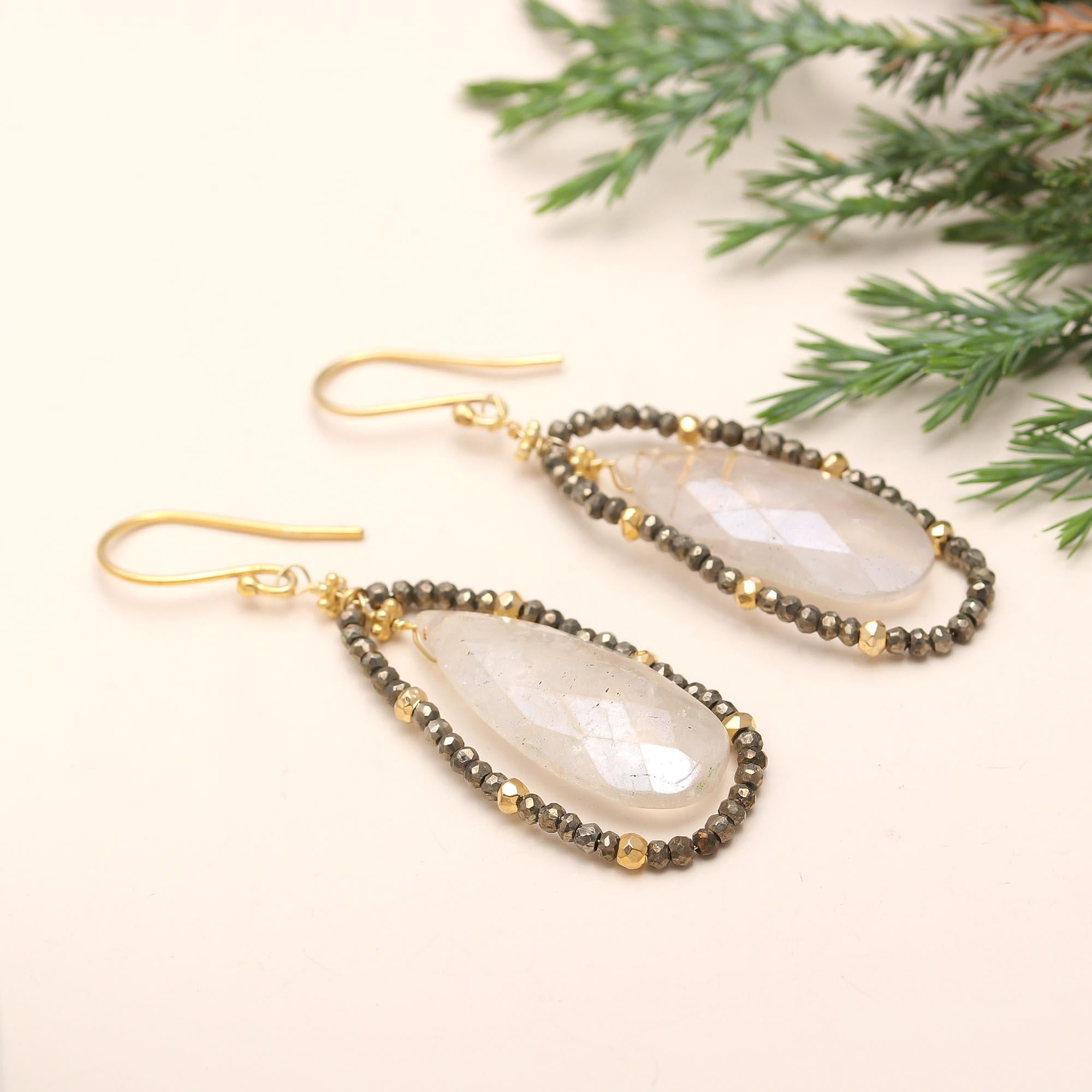 The Moonlit Halo: Moonstone & Pyrite Earrings