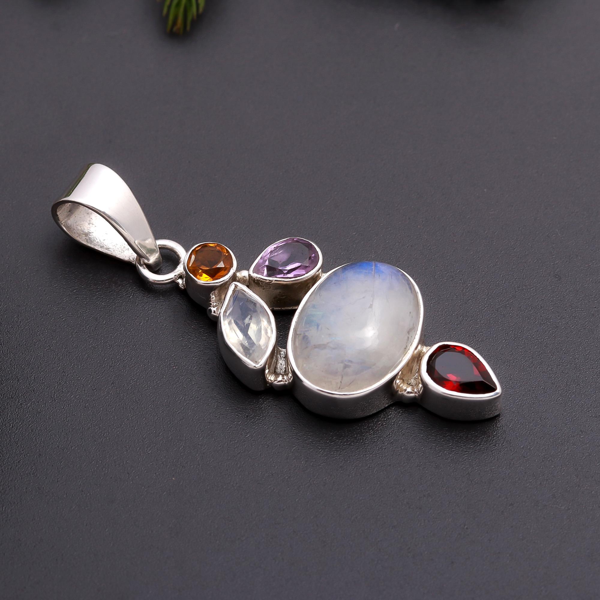 The Celestial Harmony: Moonstone & Multi-Gemstone Silver Pendant