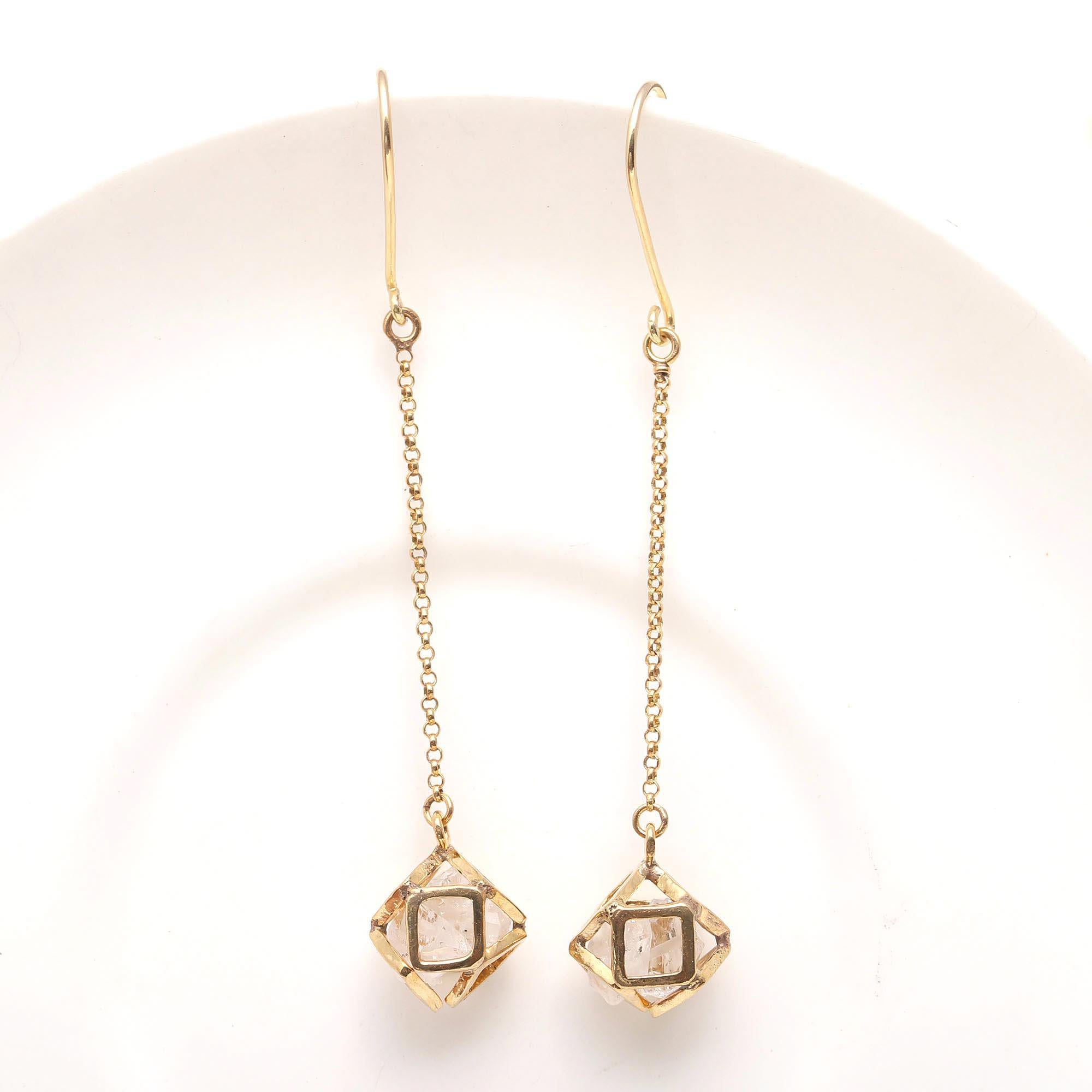 The Crystal Cage: Gold Geometric Herkimer Diamond Earrings