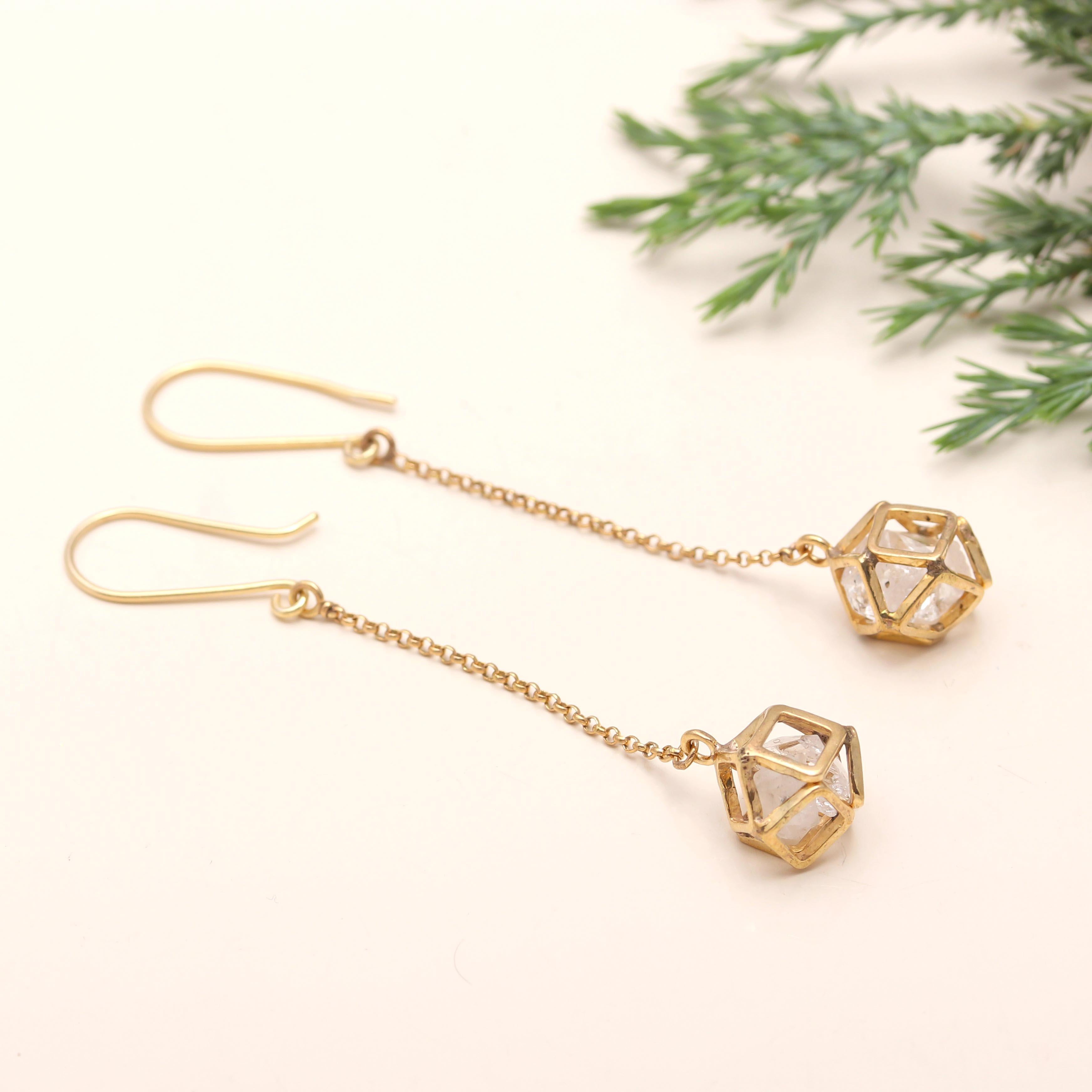 The Crystal Cage: Gold Geometric Herkimer Diamond Earrings