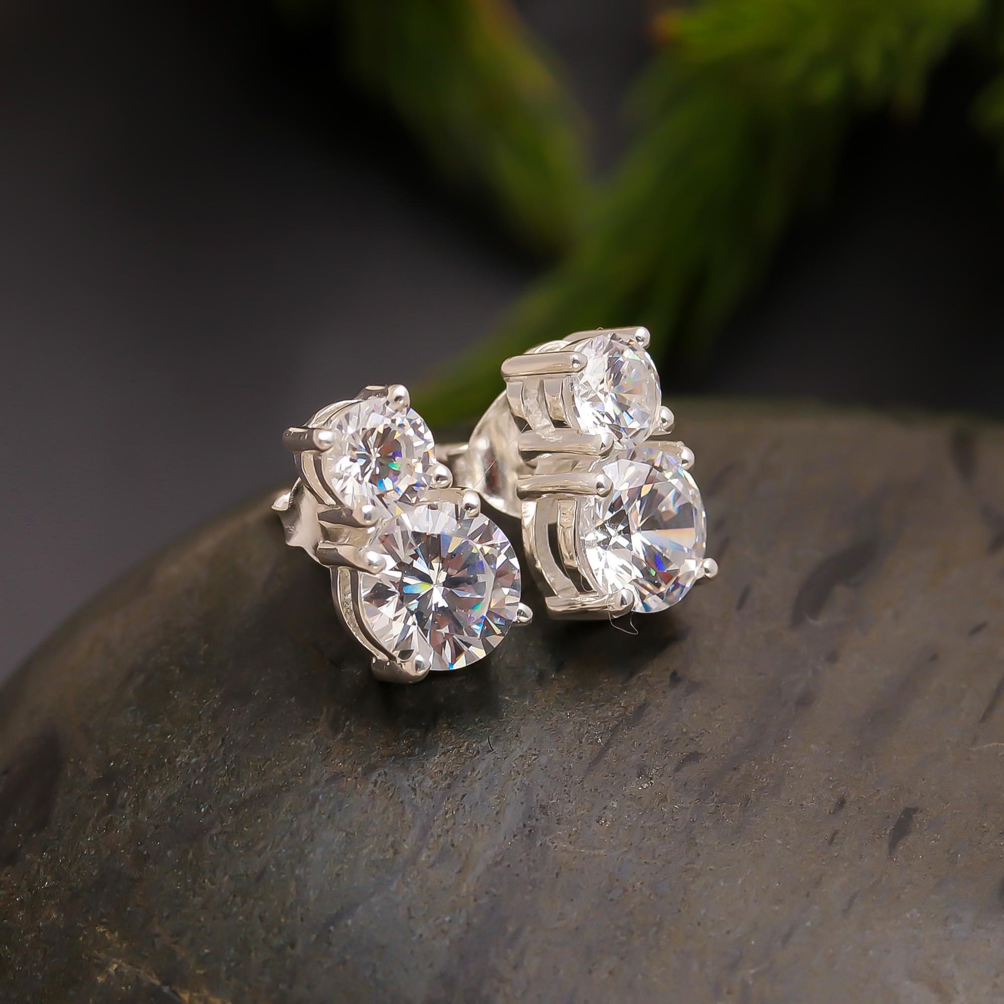 925 Silver Double Round CZ Stud Earrings