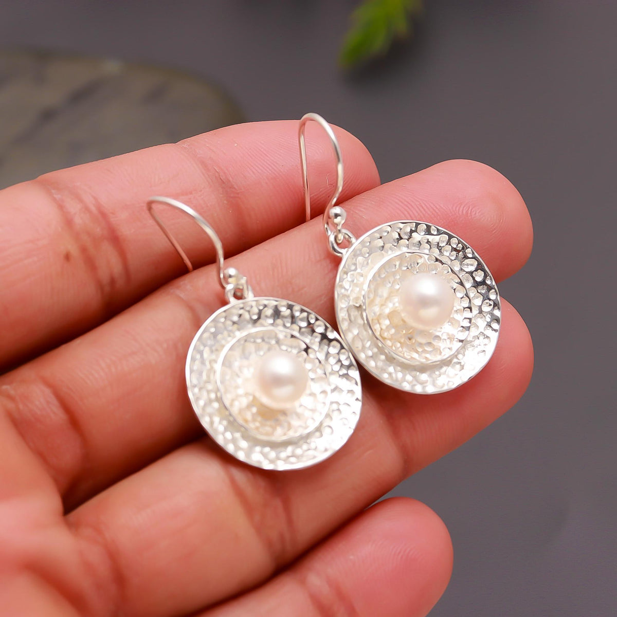 925 Silver Textured Pearl Drop Earrings
