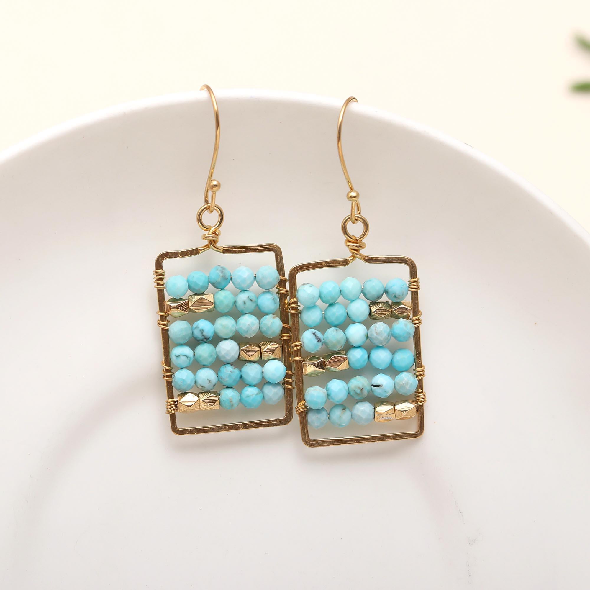 The Azure Mosaic: Beaded Turquoise Wire Earrings