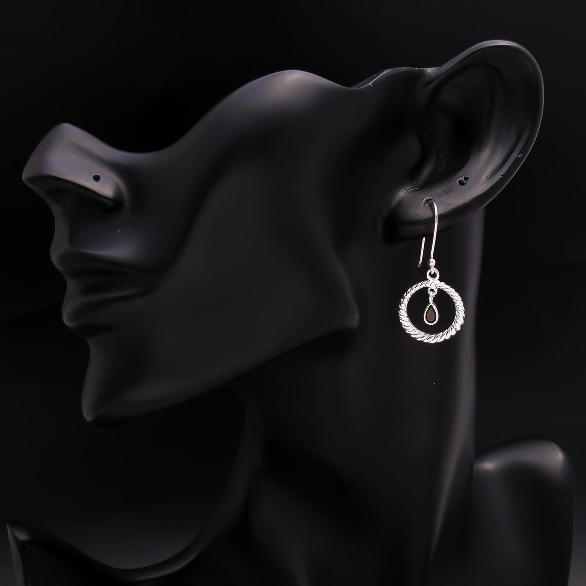 925 Silver Twisted Hoop Garnet Drop Earrings