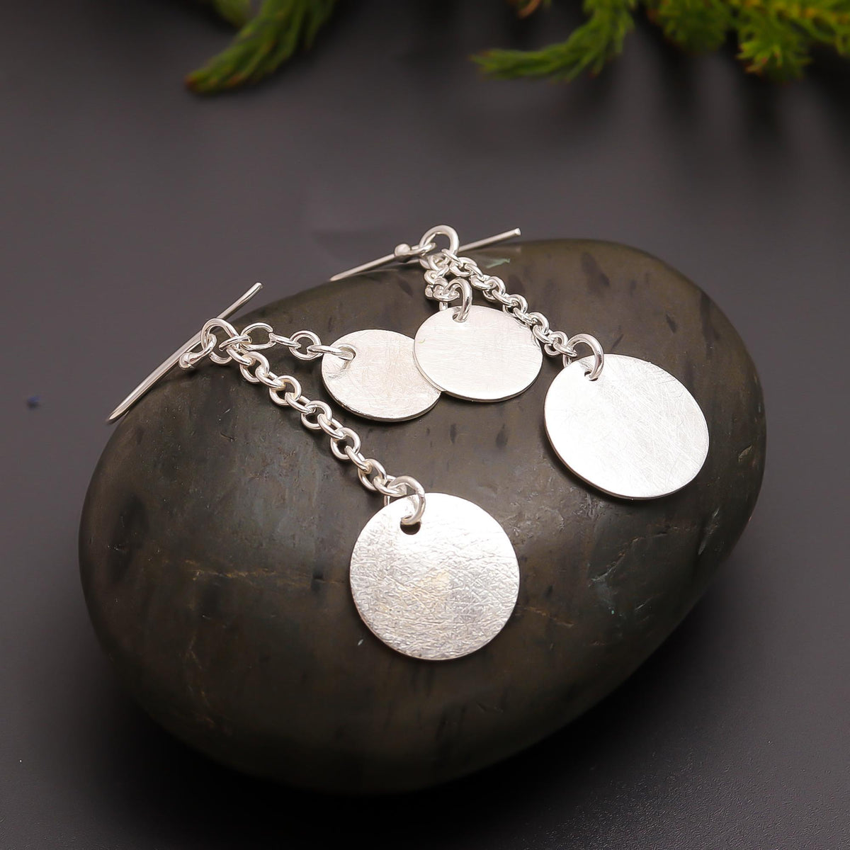 925 Silver Textured Chain Disc Dangle Earrings