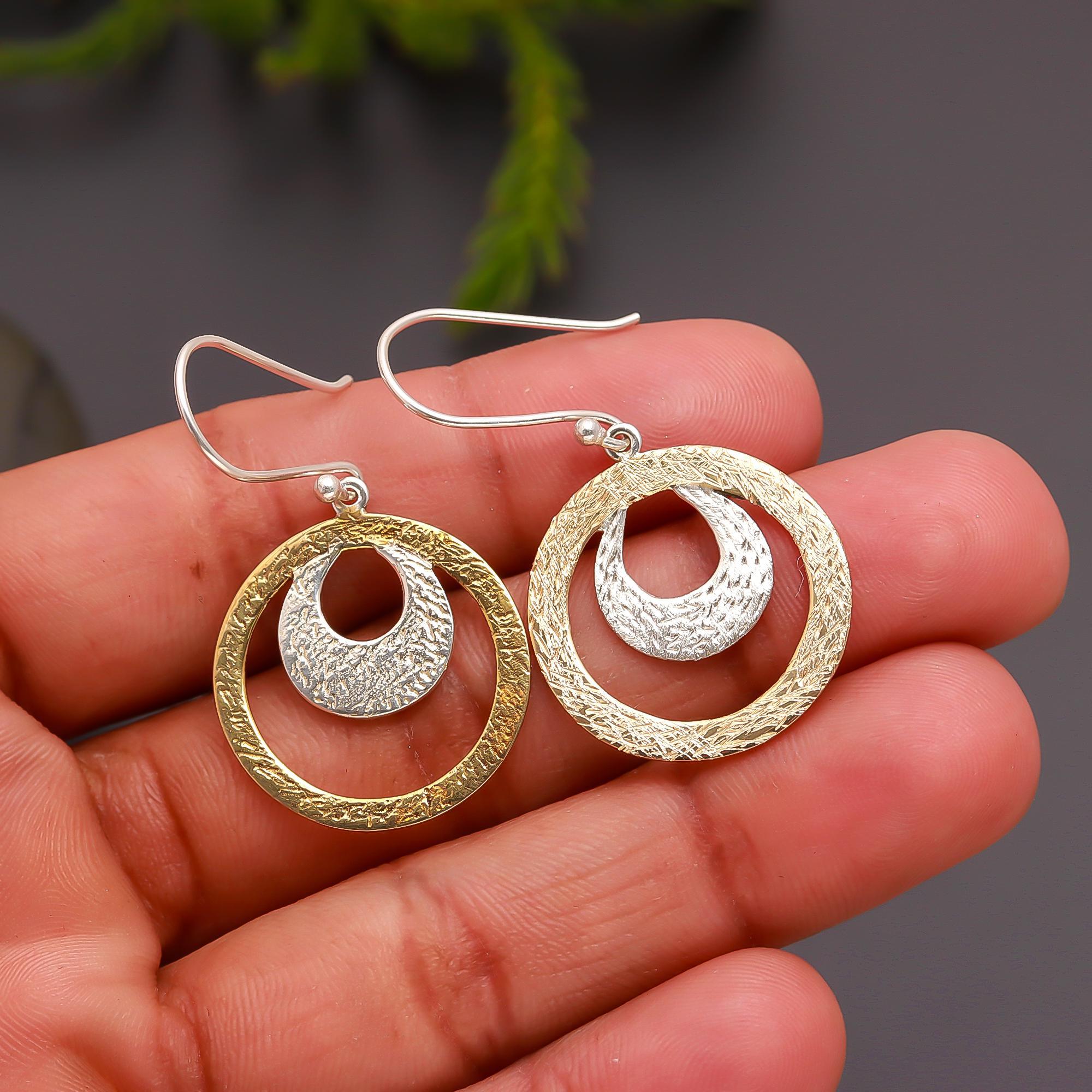 925 Silver Two-Tone Textured Circle Drop Earrings