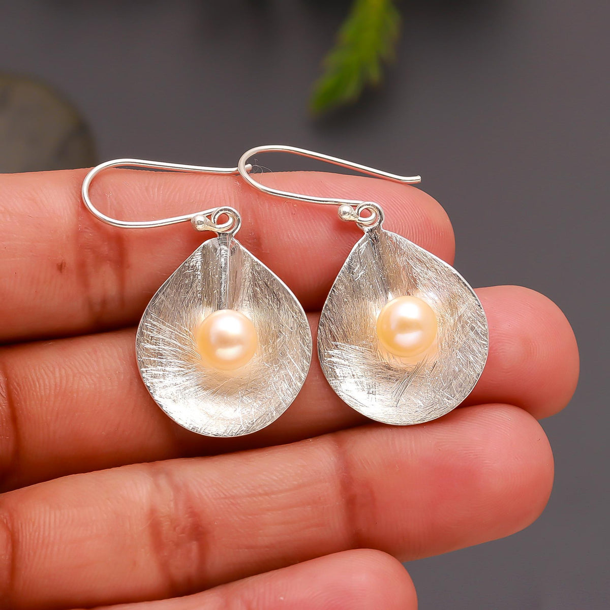 925 Silver Brushed Teardrop Pearl Earrings