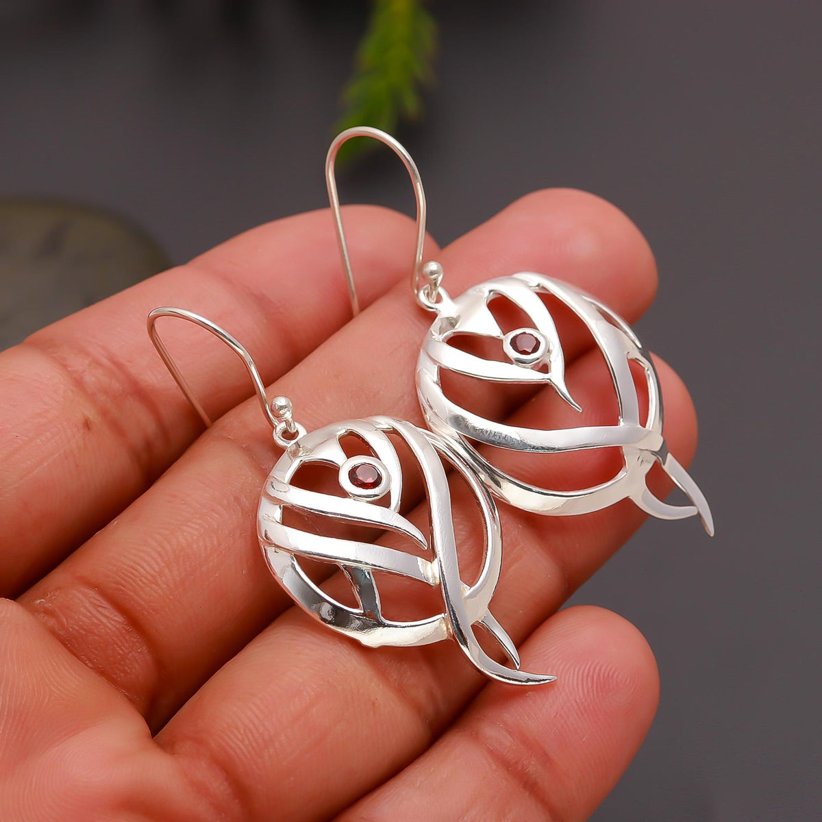 925 Silver Modern Leaf Vine Earrings with Garnet Accent