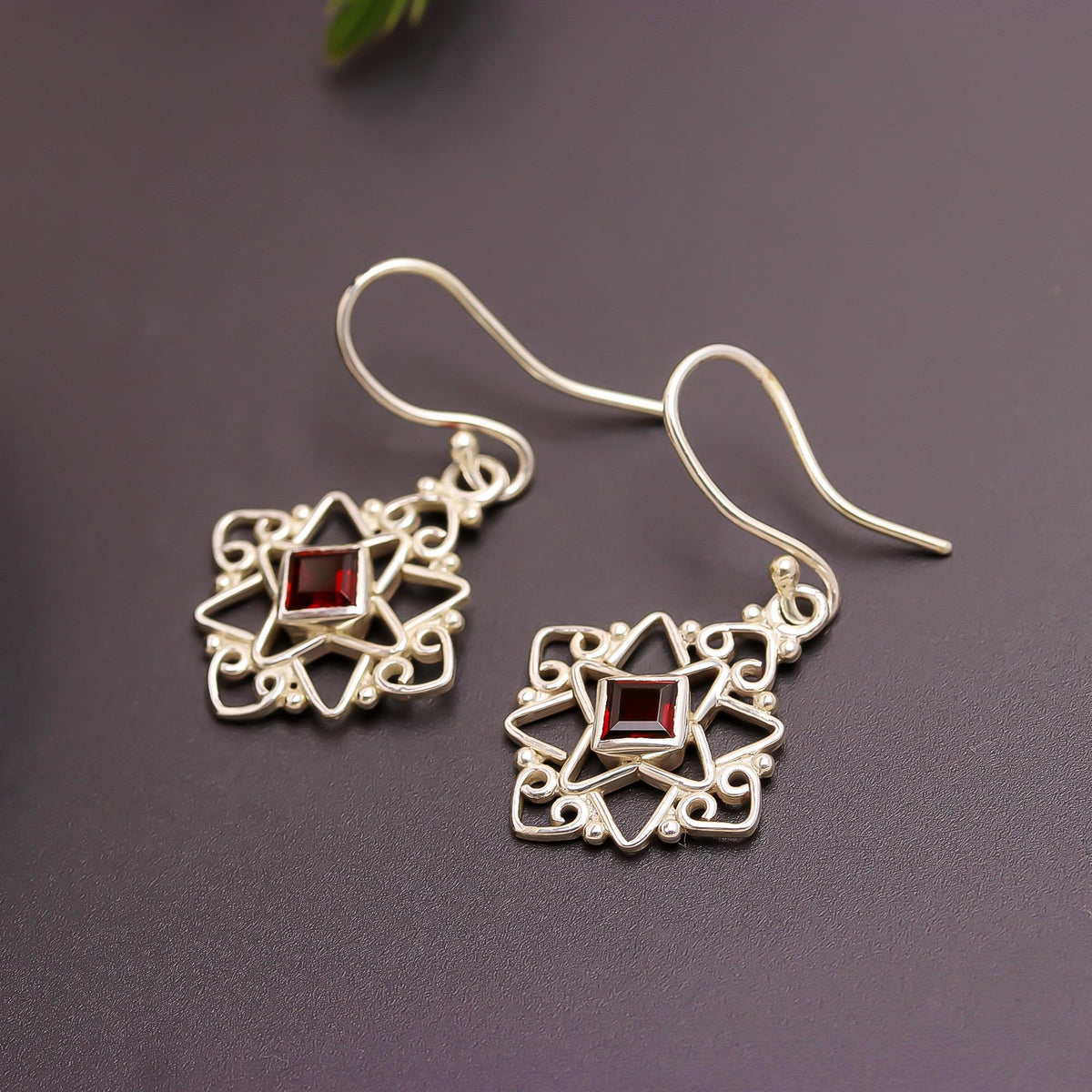 925 Silver Garnet Star Mandala Earrings