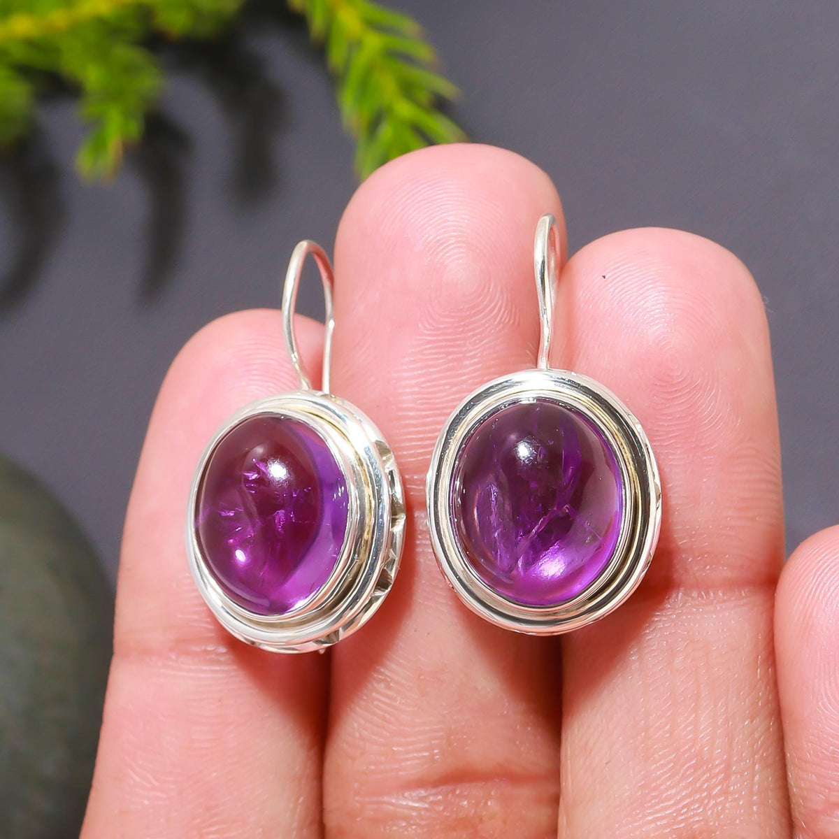 925 Silver Oval Amethyst  Drop Earrings