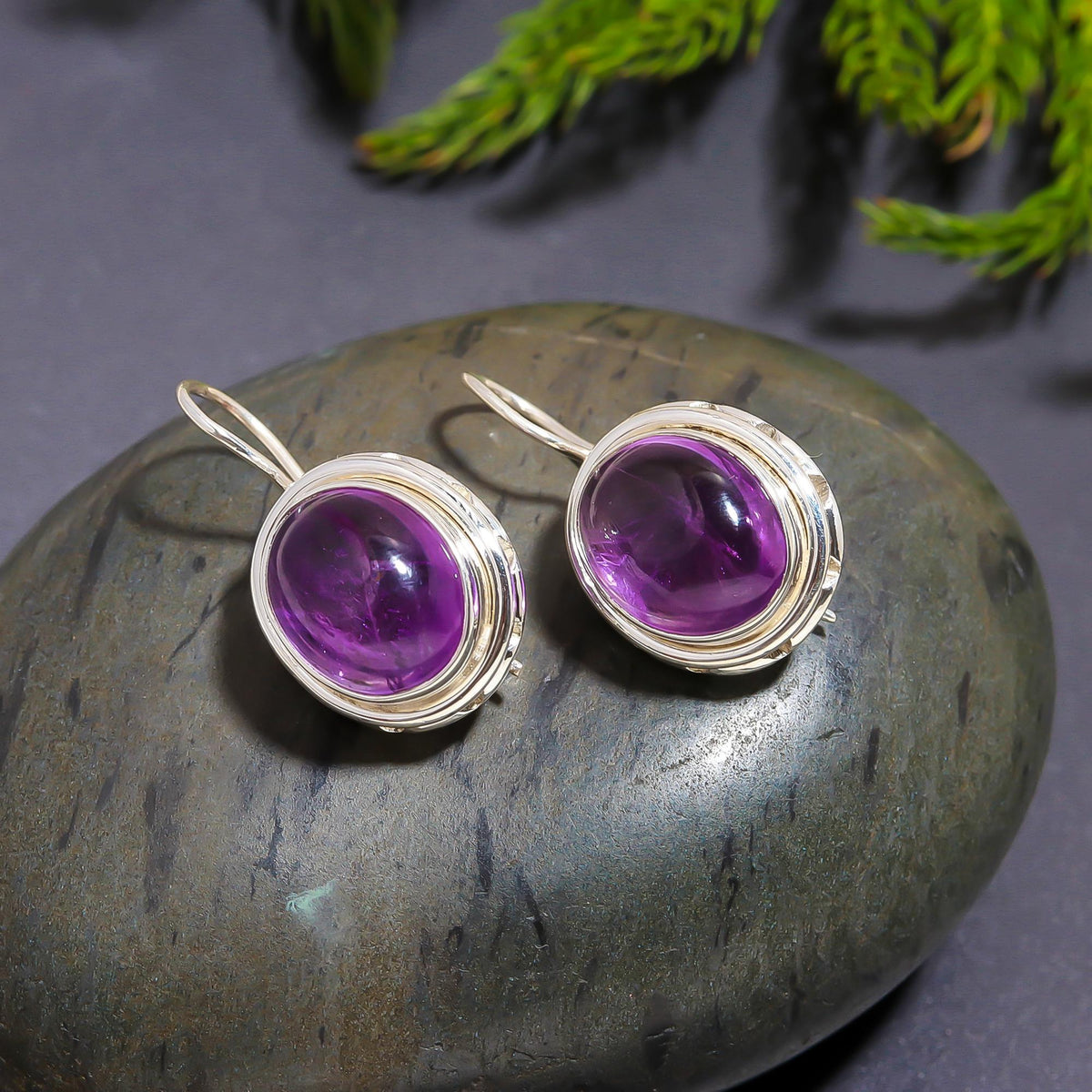 925 Silver Oval Amethyst  Drop Earrings