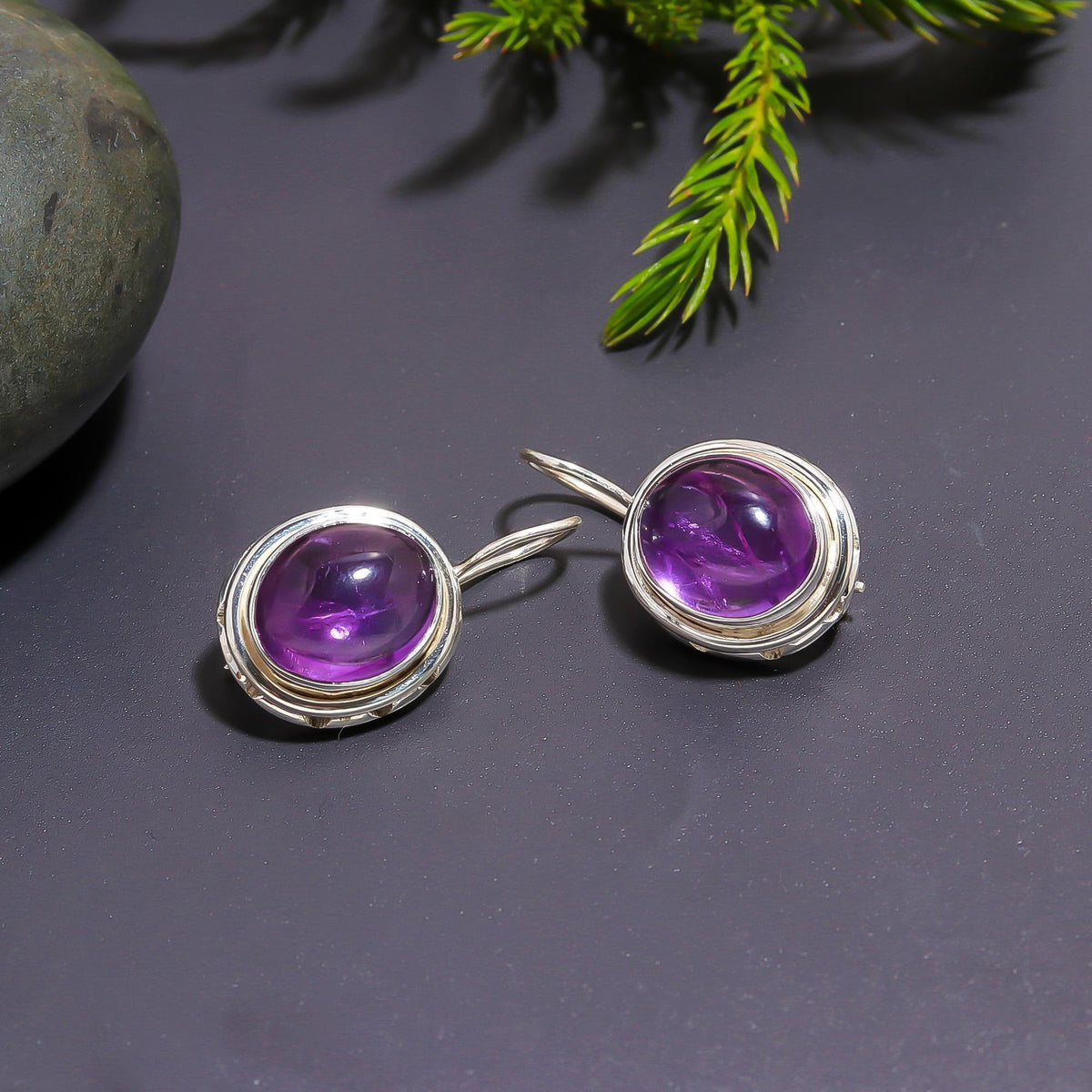 925 Silver Oval Amethyst  Drop Earrings