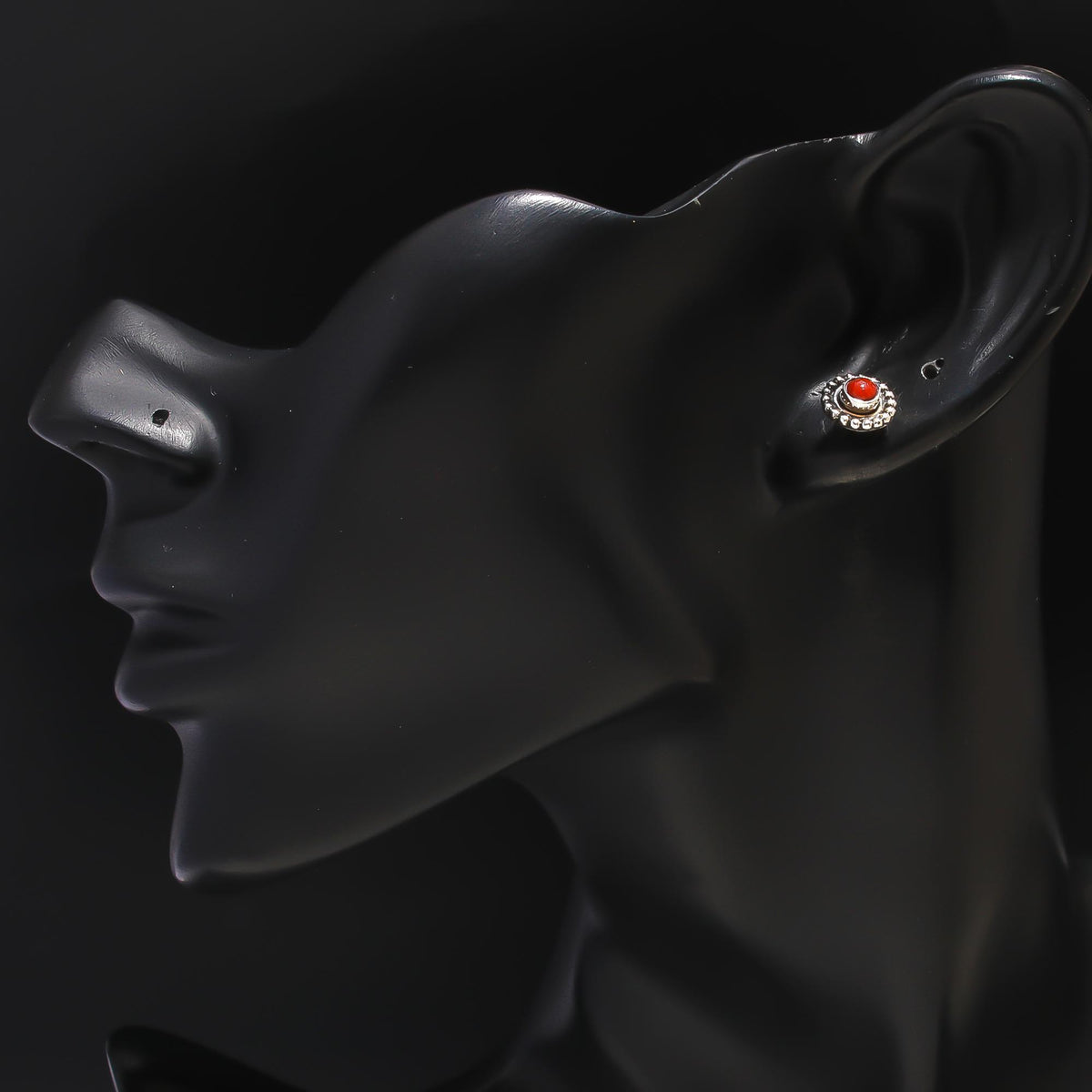 925 Silver Red Coral Beaded Border Stud Earrings