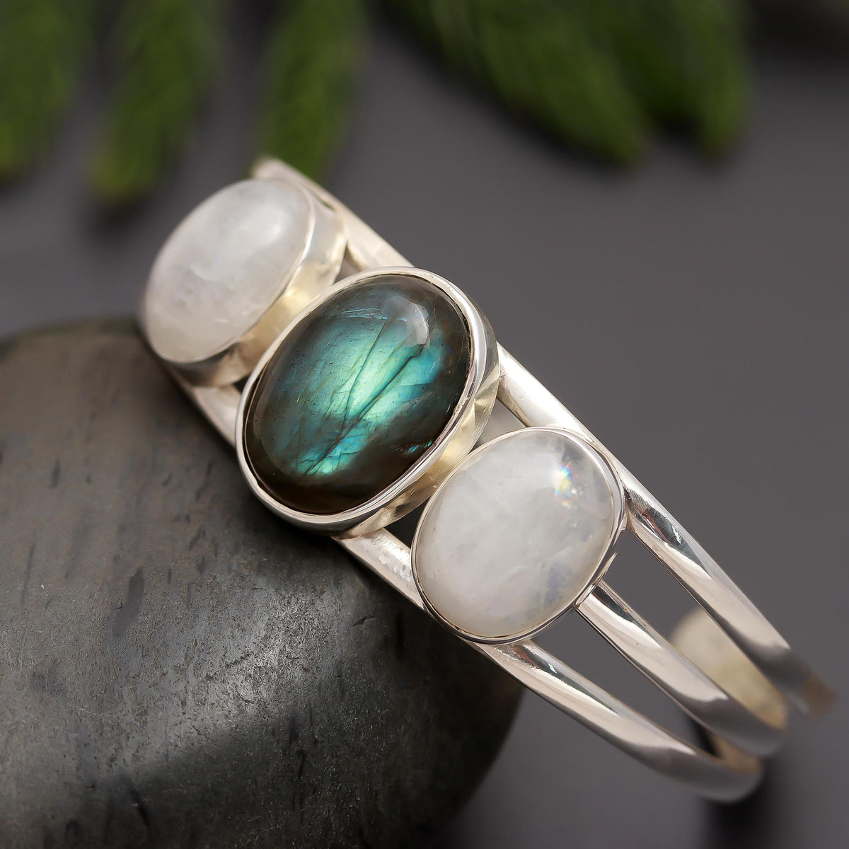 925 Silver Labradorite & Moonstone Cuff Bracelet