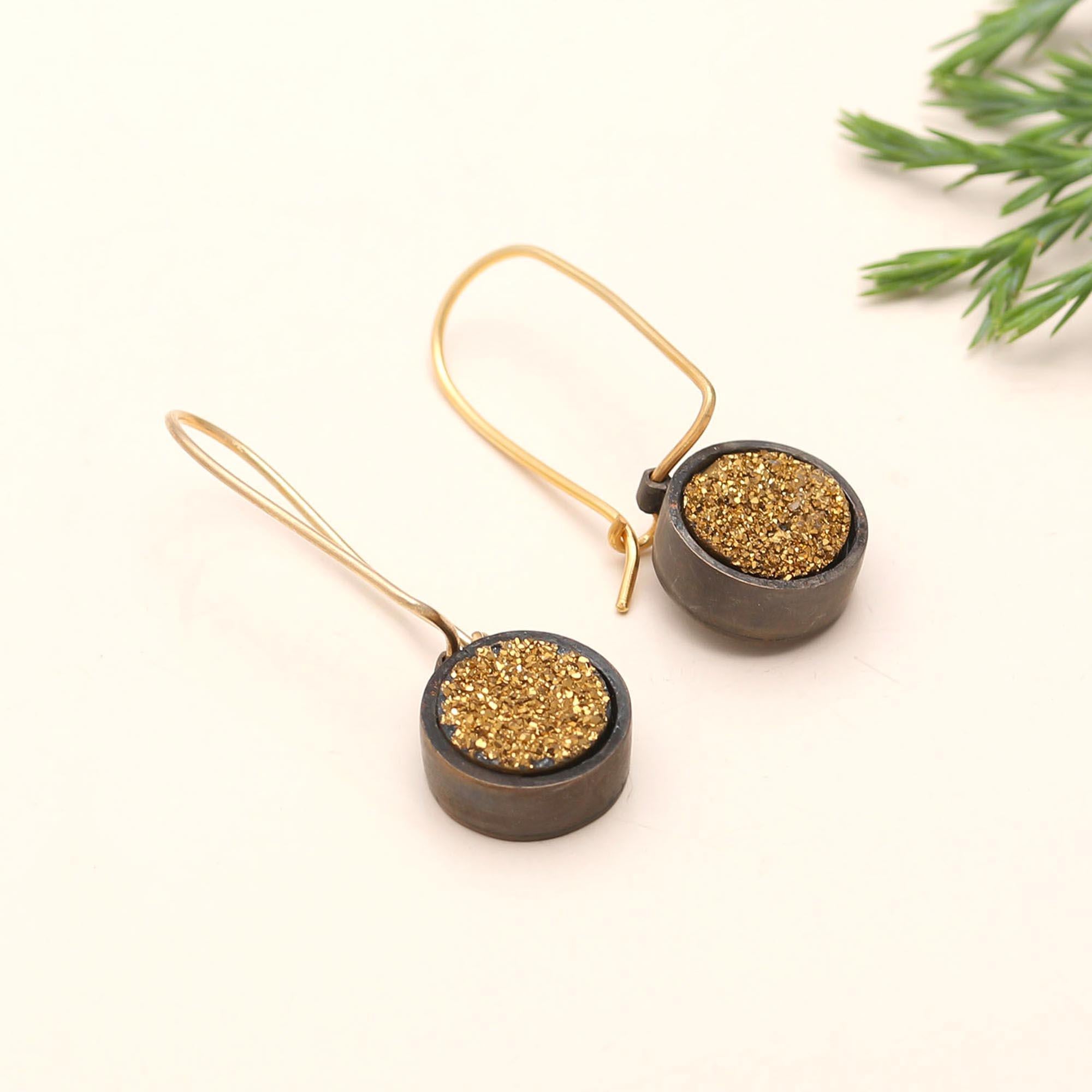 The Golden Stardust: Pyrite Druzy & Oxidized Earrings