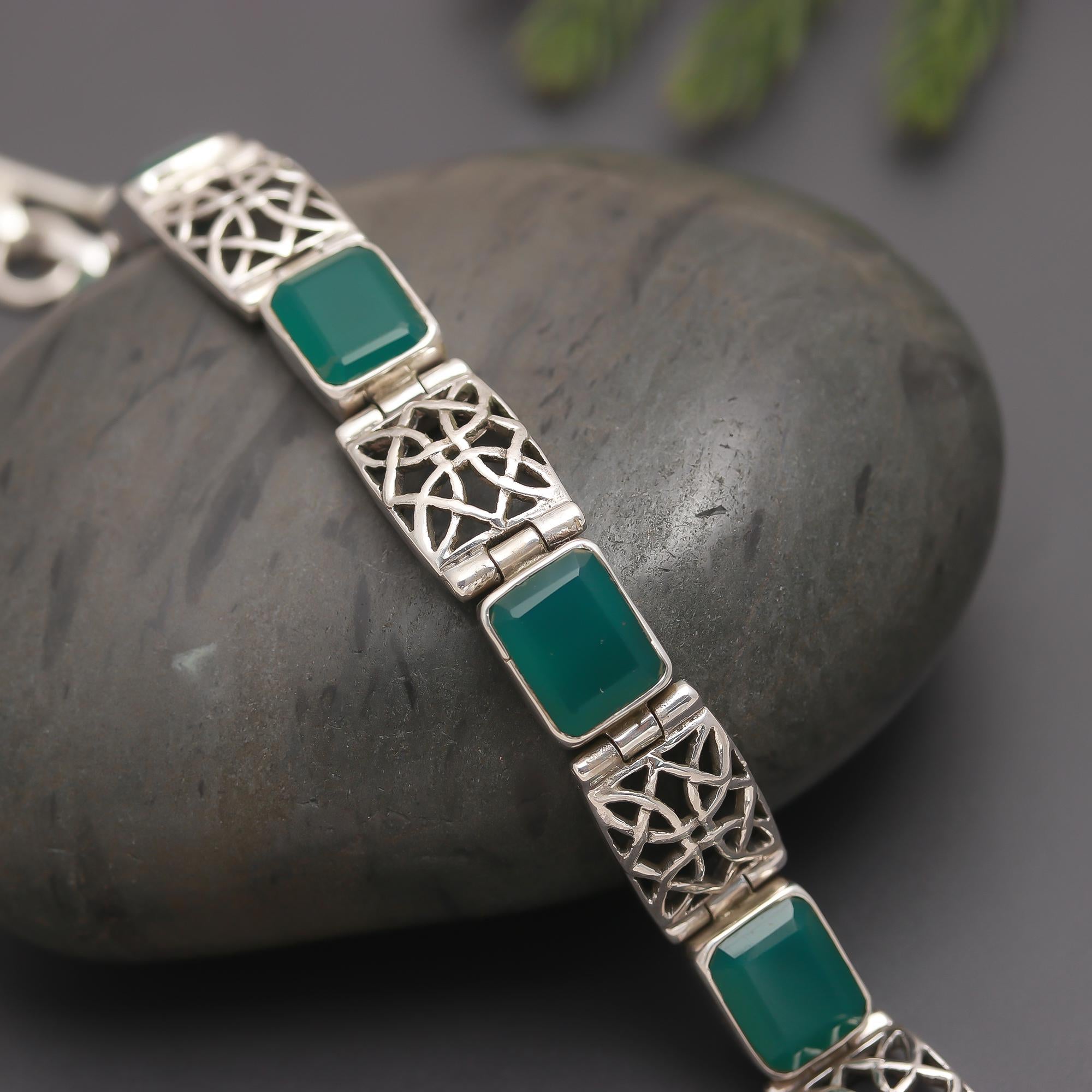 925 Silver Green Onyx Link Bracelet
