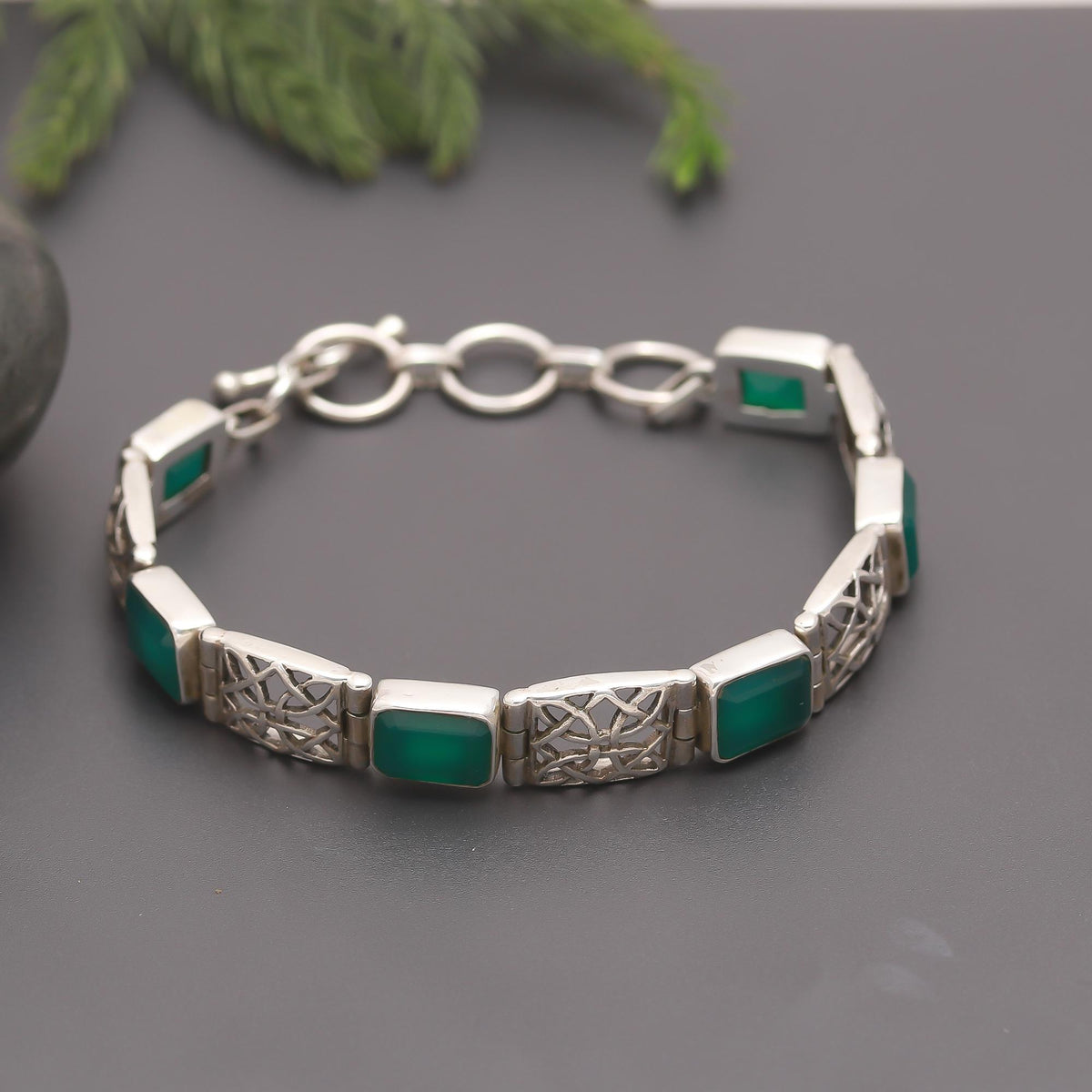 925 Silver Green Onyx Link Bracelet