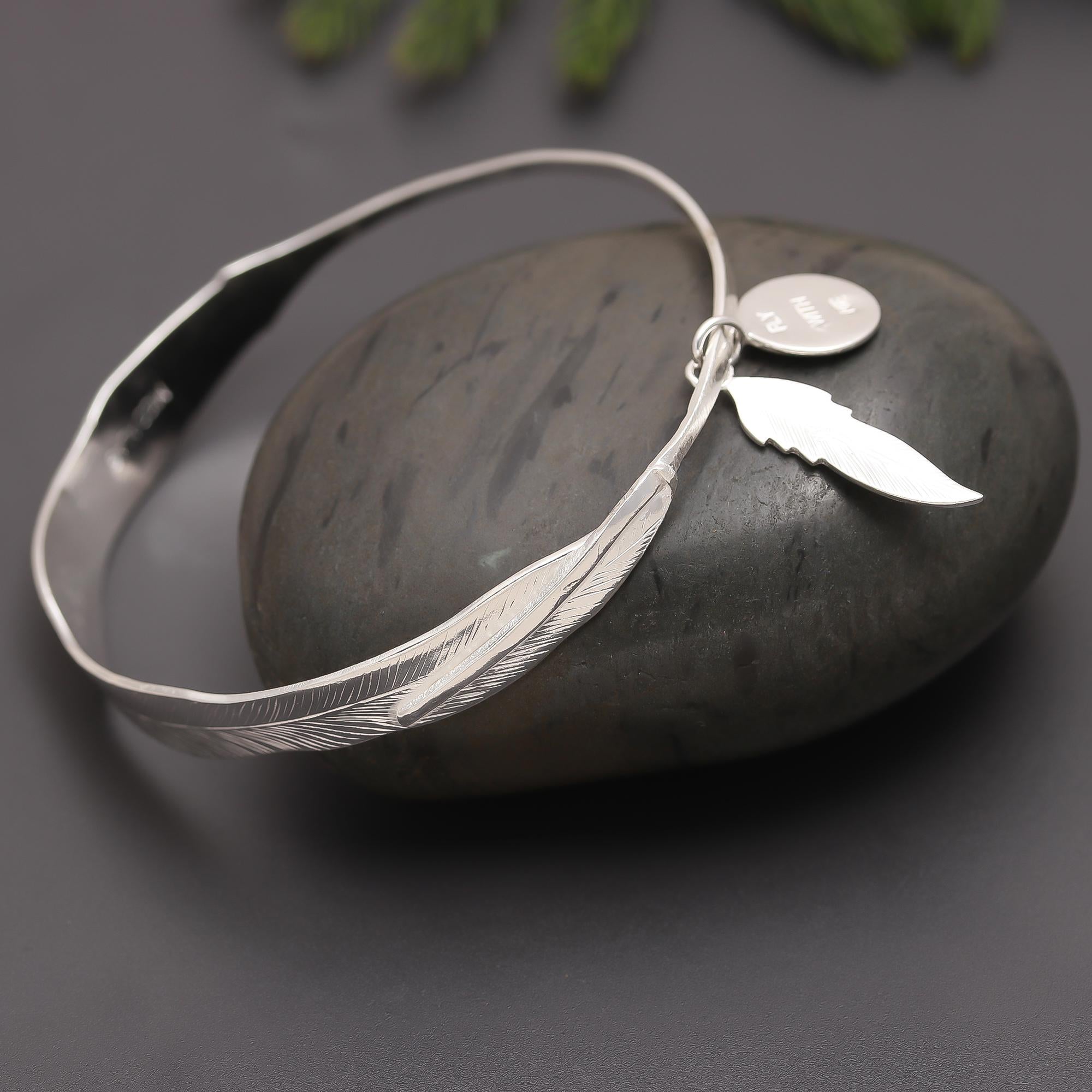 925 Silver Feather Bangle Bracelet
