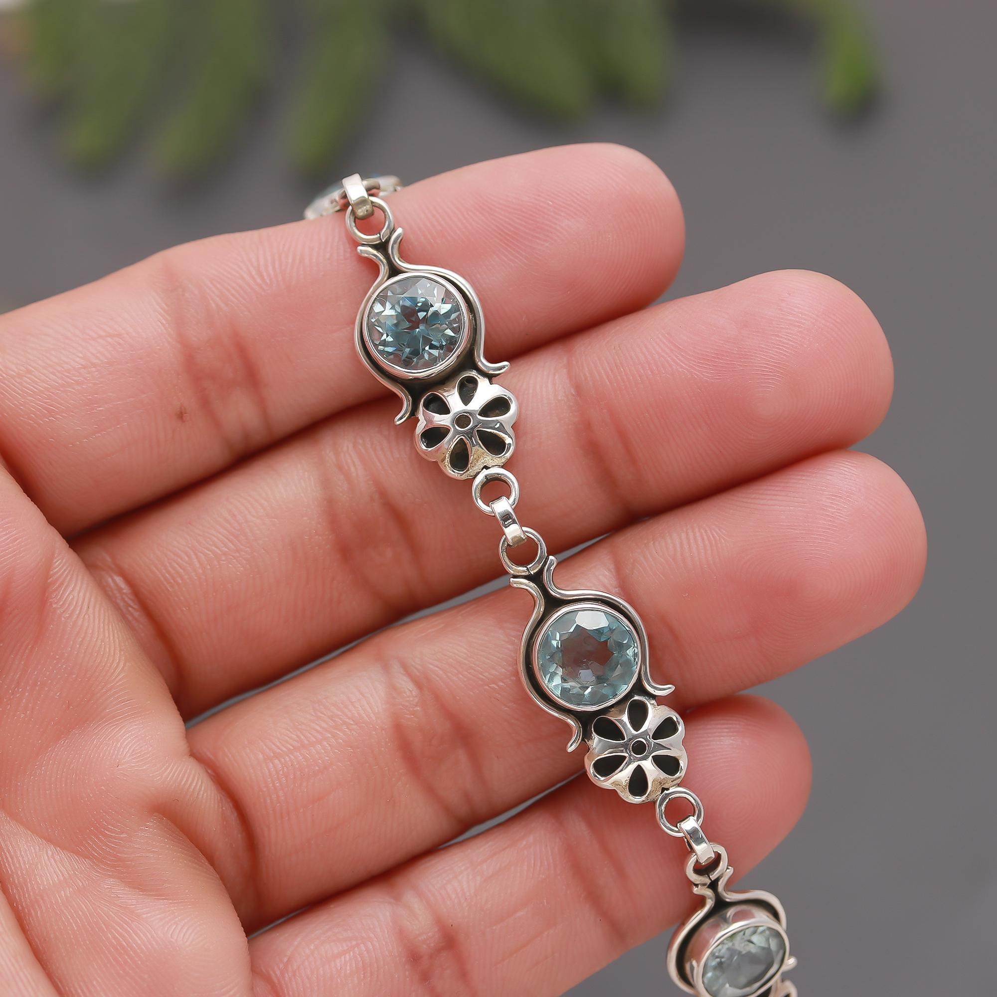 925 Silver Floral Blue Topaz Link Bracelet