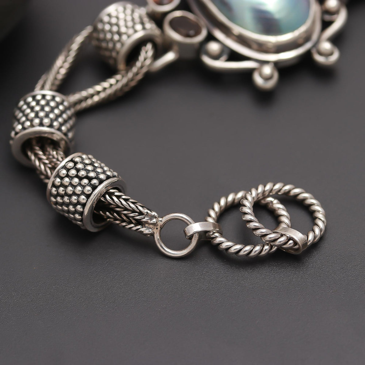 925 Silver Mother of Pearl, Garnet & Smoky Quartz Statement Bracelet