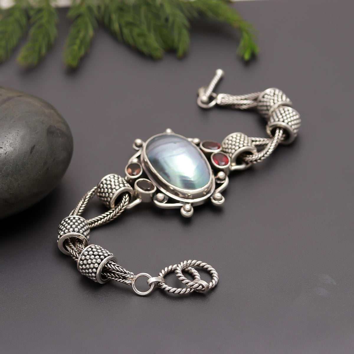 925 Silver Mother of Pearl, Garnet & Smoky Quartz Statement Bracelet