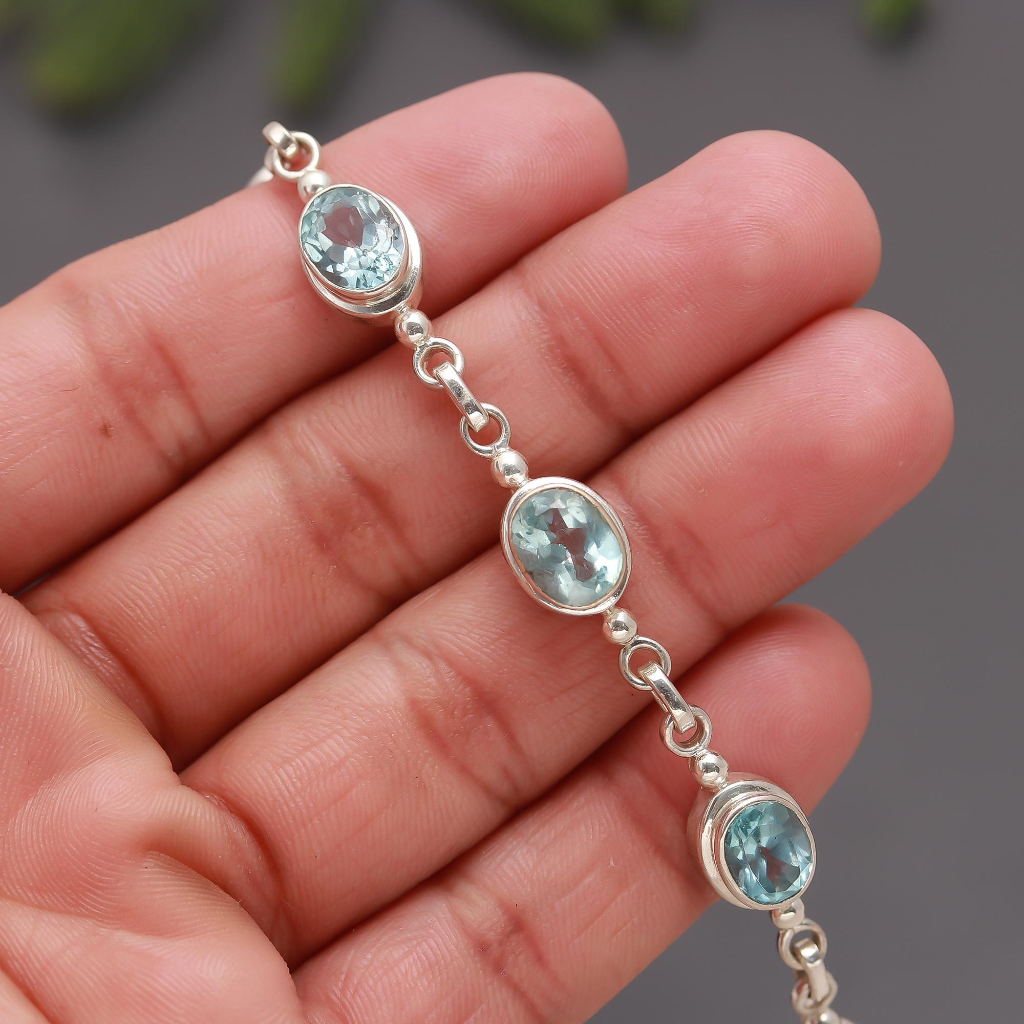 925 Silver Oval Aquamarine Link Bracelet