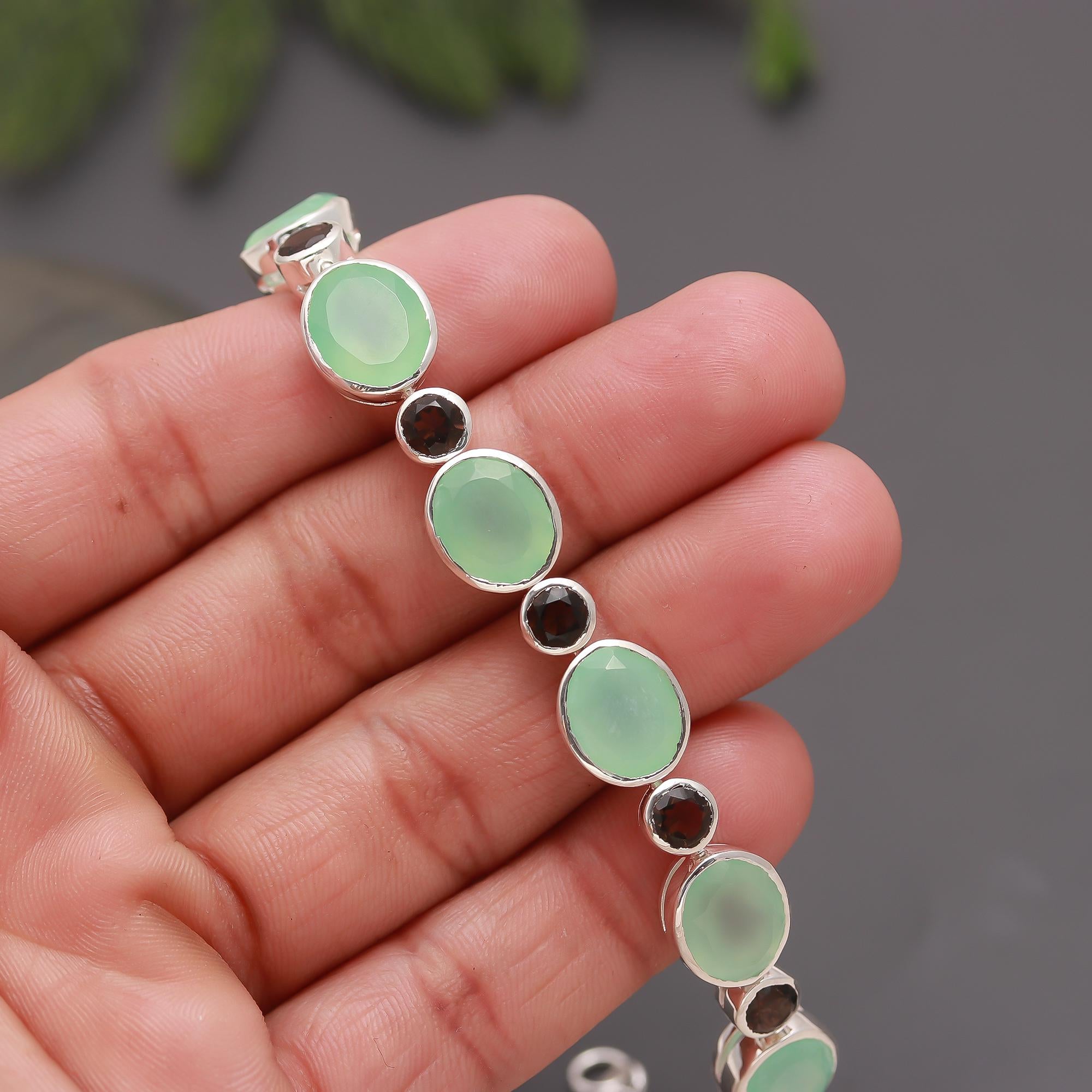 925 Silver Green Onyx & Smoky Quartz Link Bracelet