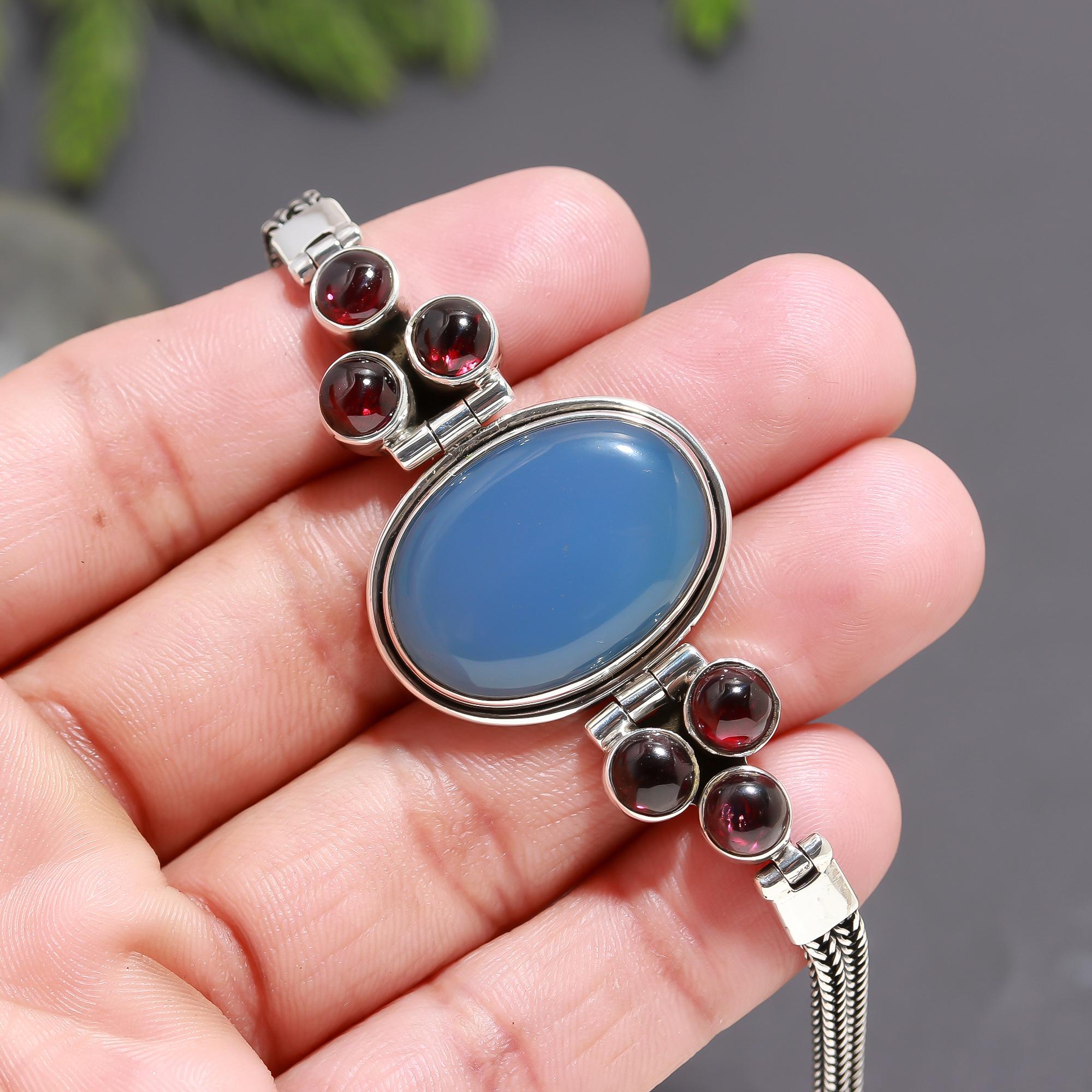 925 Silver Blue Chalcedony and Garnet Bracelet