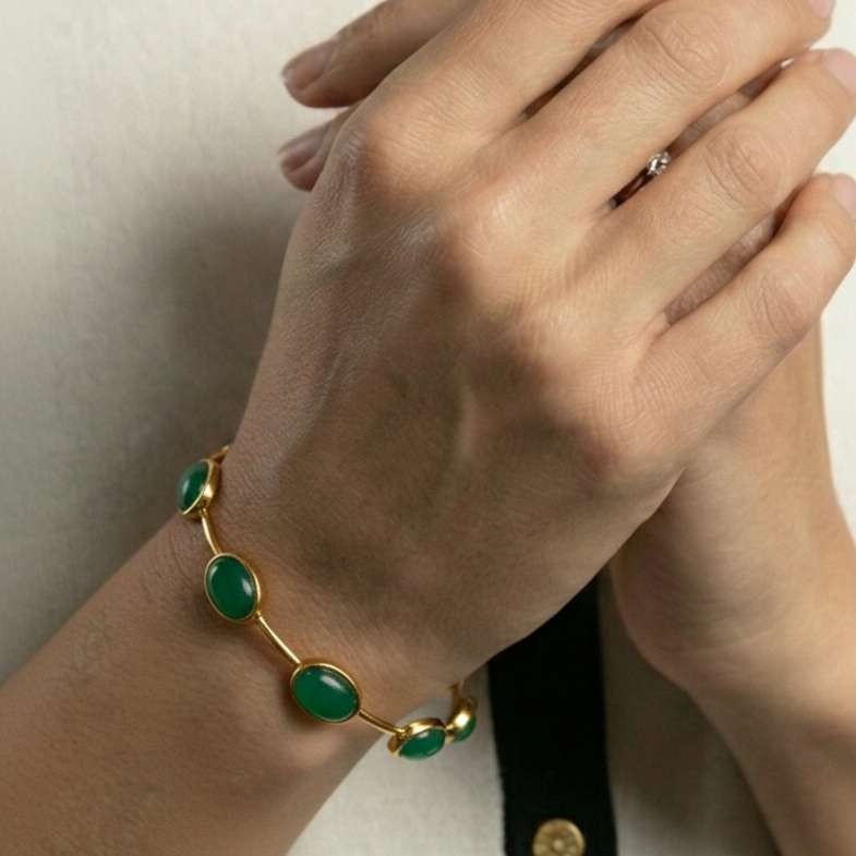 925 Silver Oval Green Onyx Bangle Bracelet