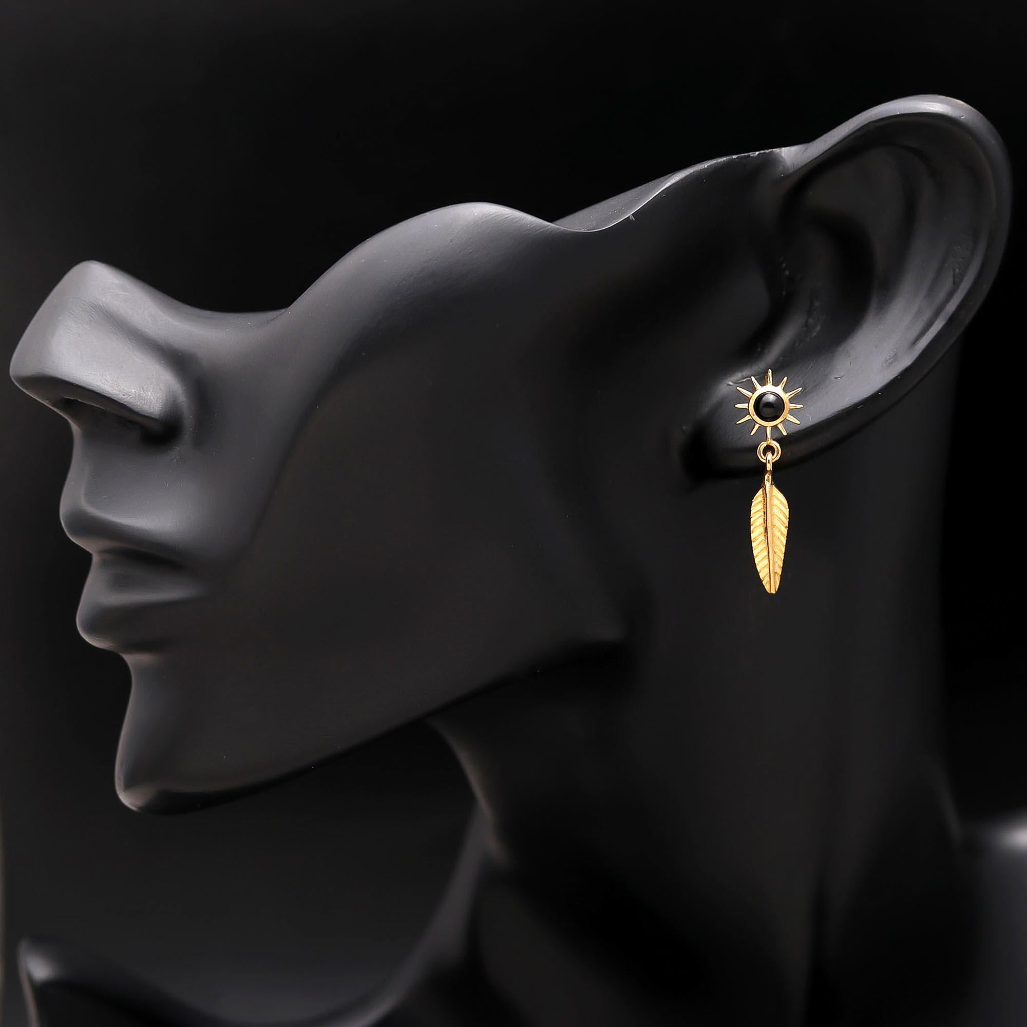 The Solar Flight: Gold Sunburst & Feather Drop Earrings