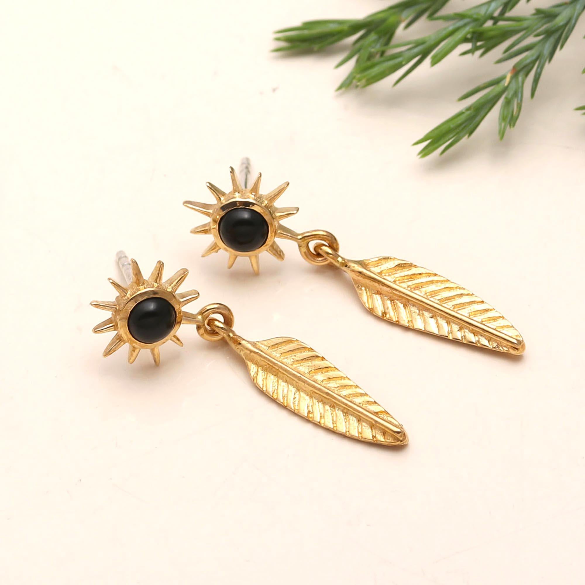 The Solar Flight: Gold Sunburst & Feather Drop Earrings
