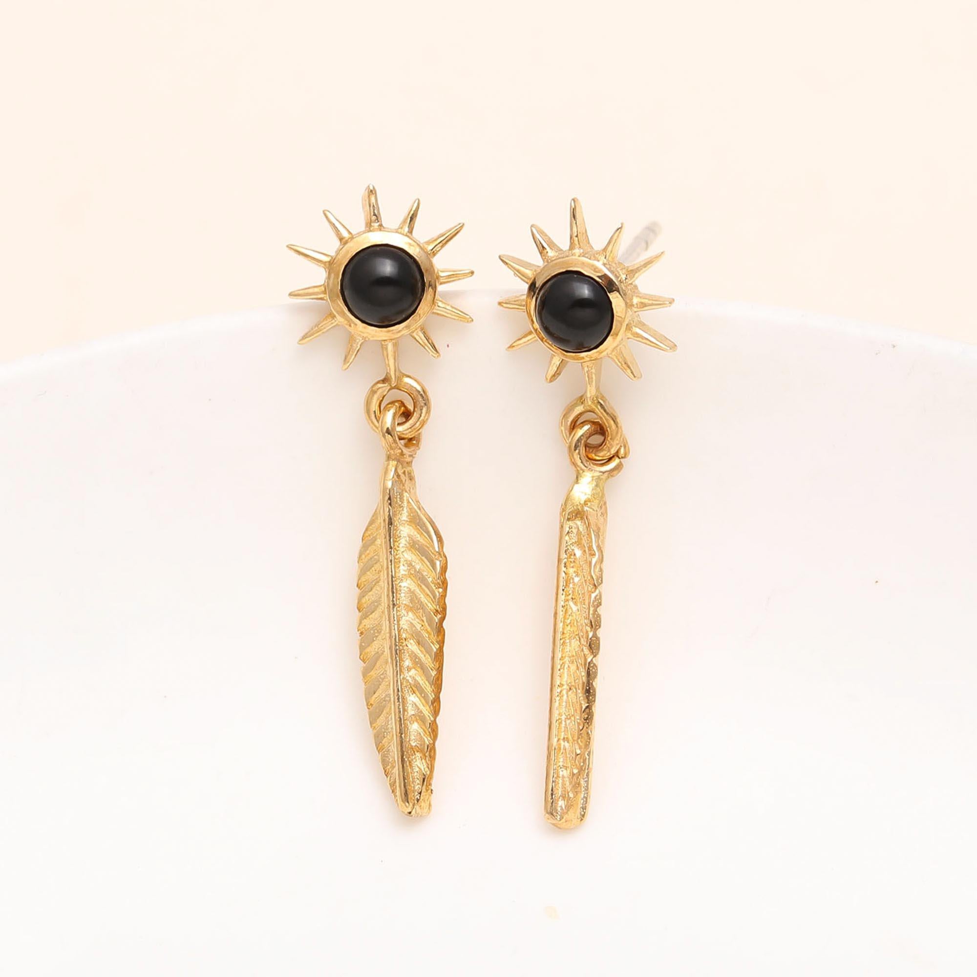 The Solar Flight: Gold Sunburst & Feather Drop Earrings