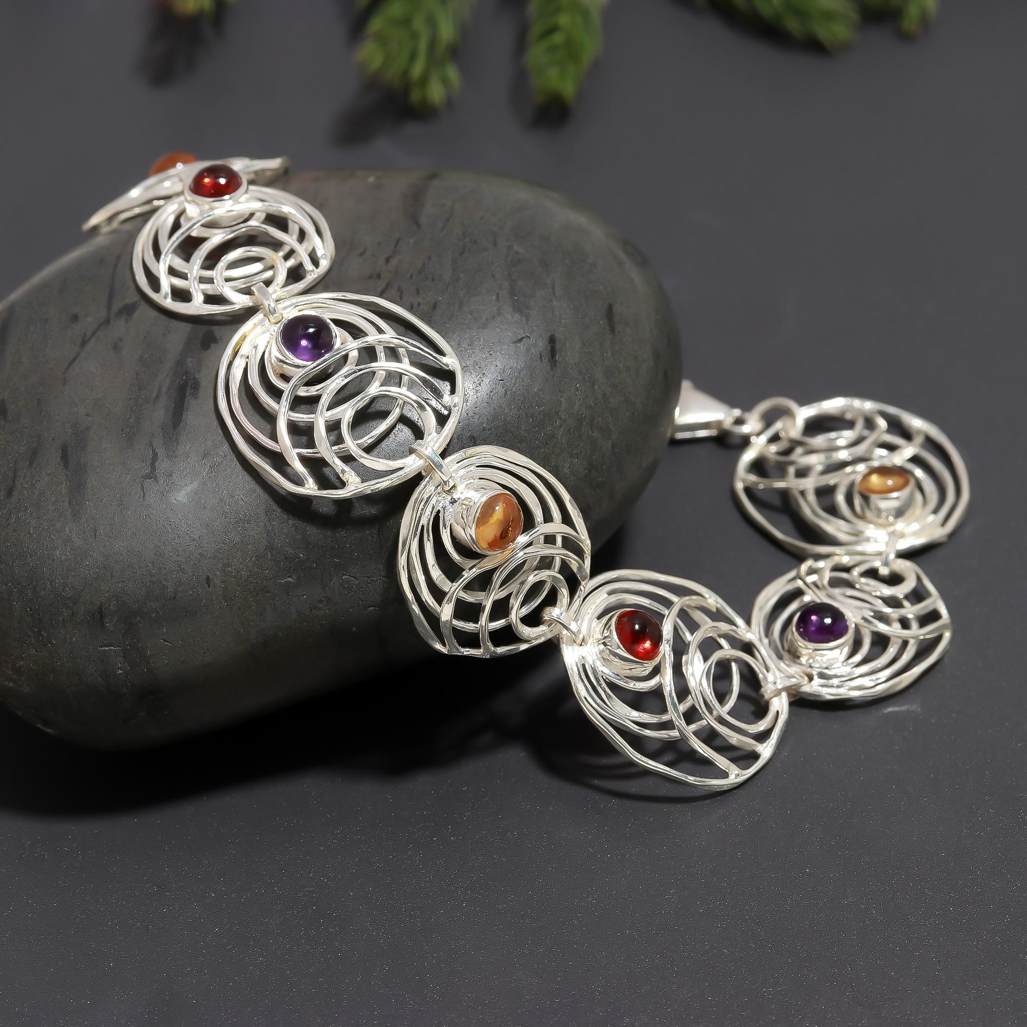 925 Silver Spiral Multi-Gemstone Bracelet