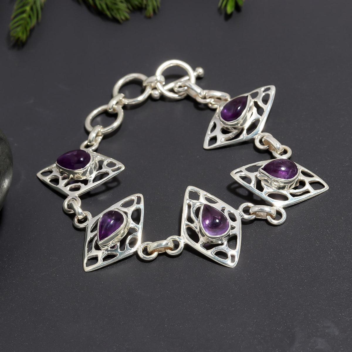 925 Silver Amethyst Teardrop Filigree Link Bracelet