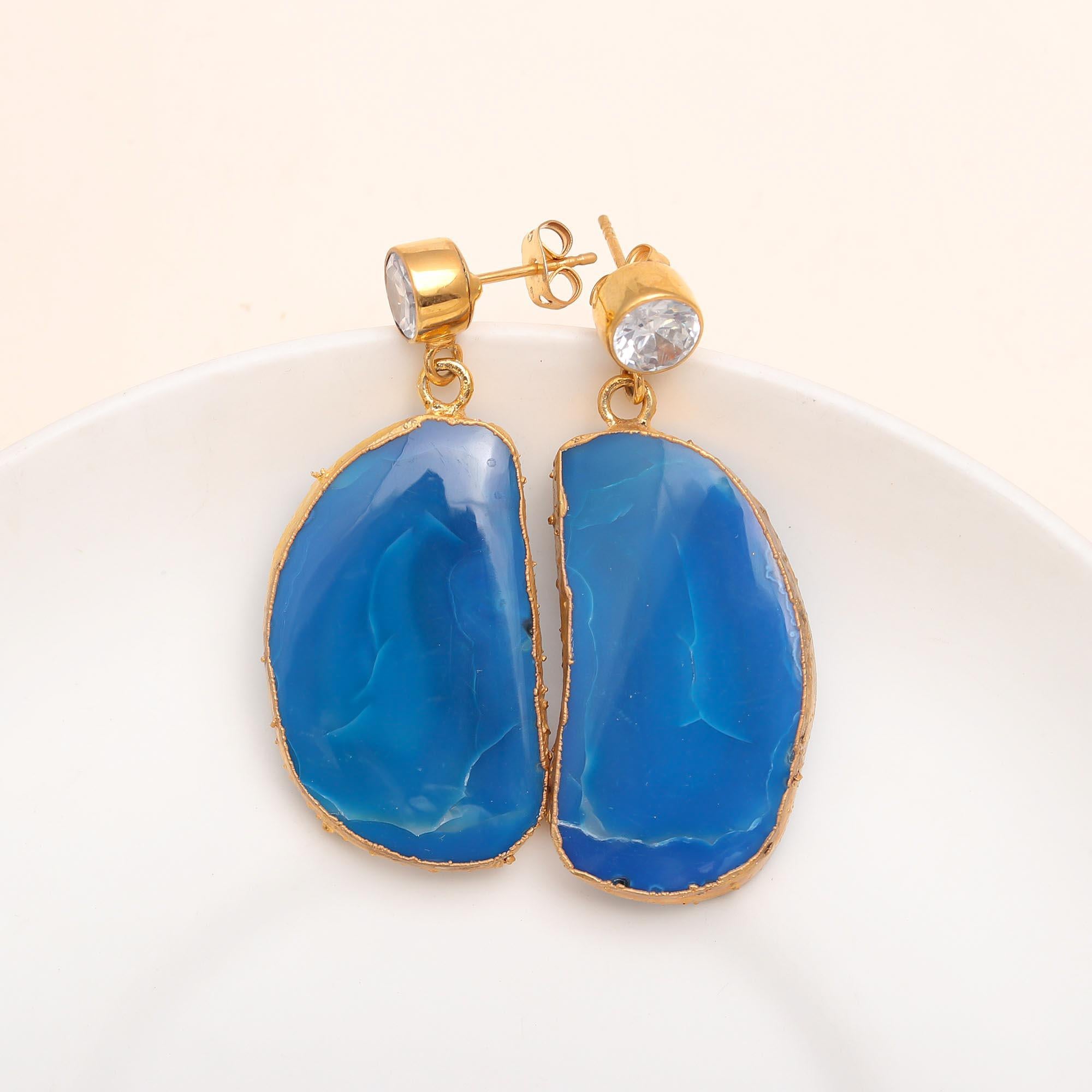 The Azure Slice: Blue Agate & Crystal Drop Earrings