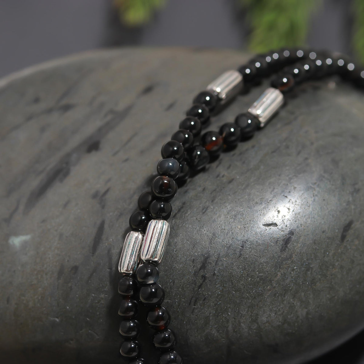 925 Silver & Black Onyx Horn Pendant Beaded Necklace