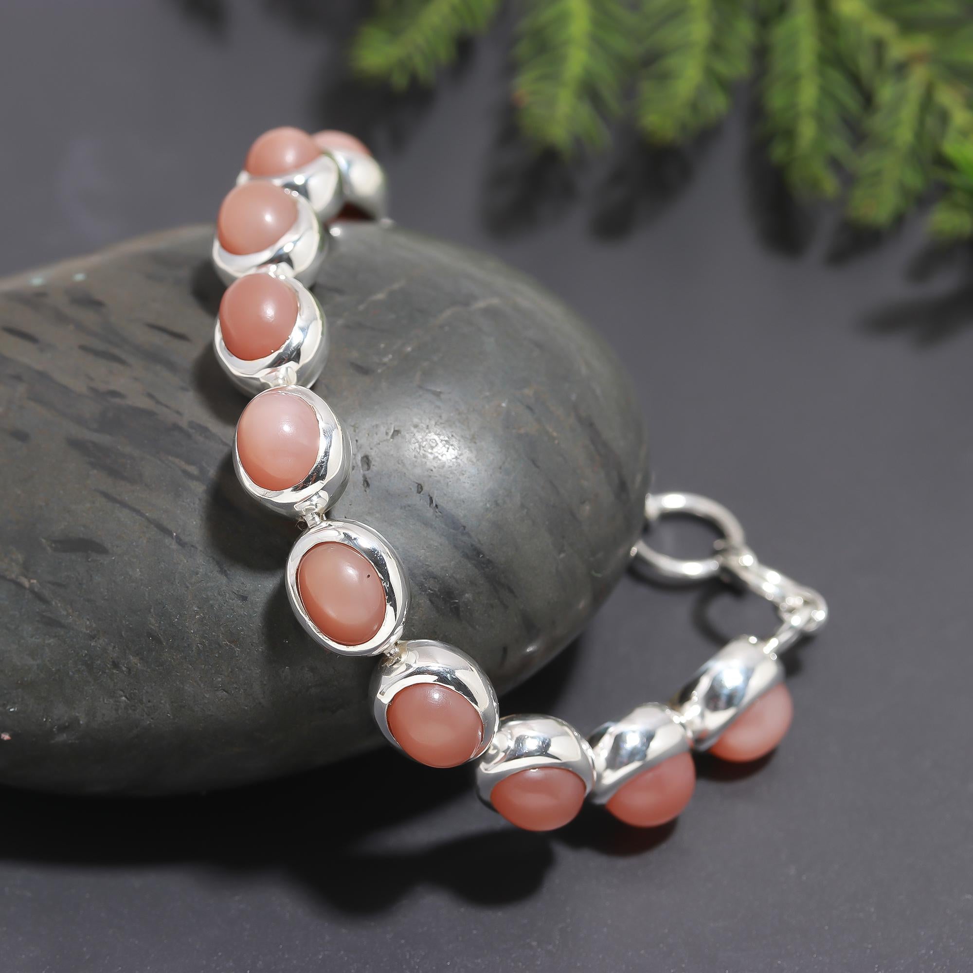 925 Silver Oval Pink Moonstone Link Bracelet