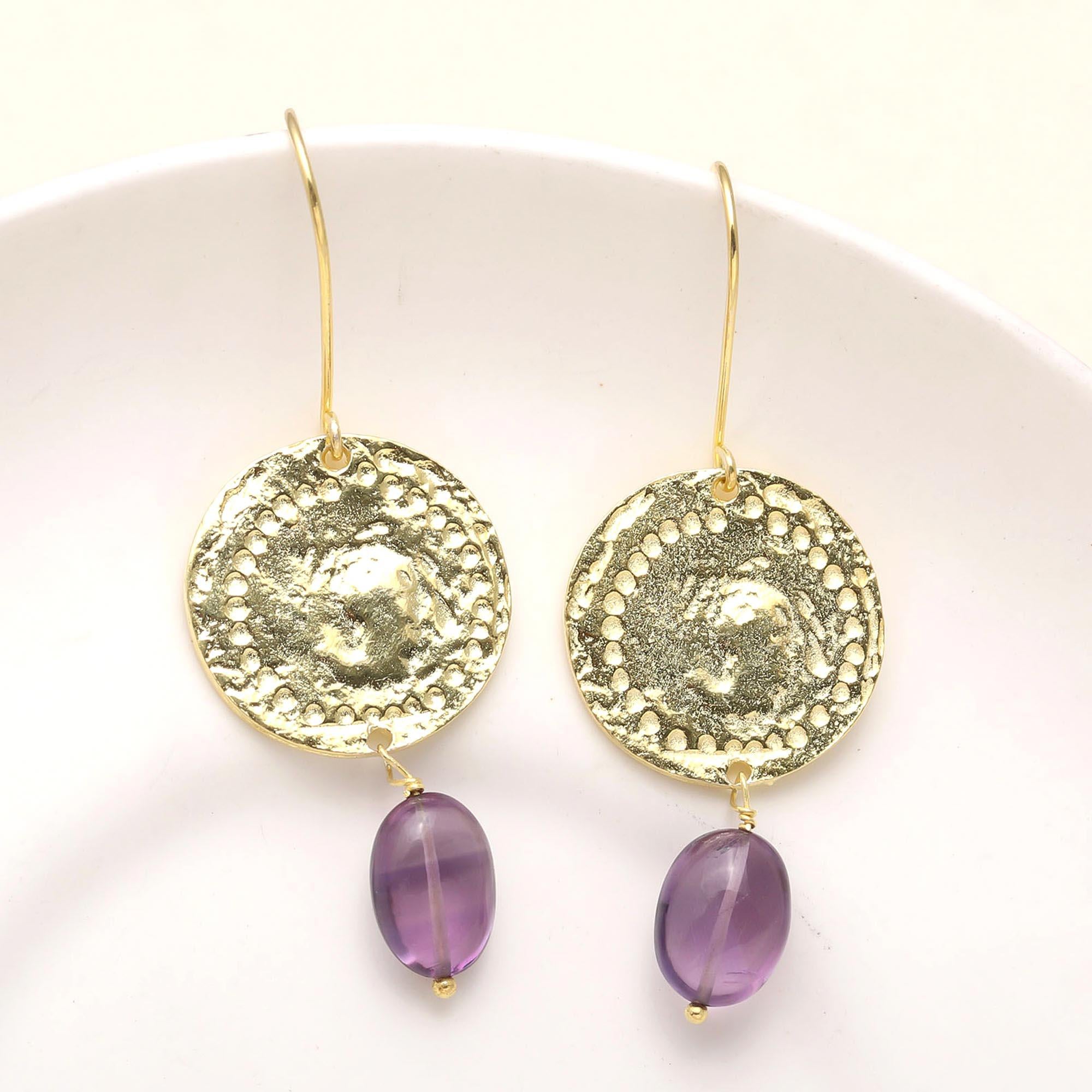 The Royal Coin: Amethyst & Hammered Disc Earrings